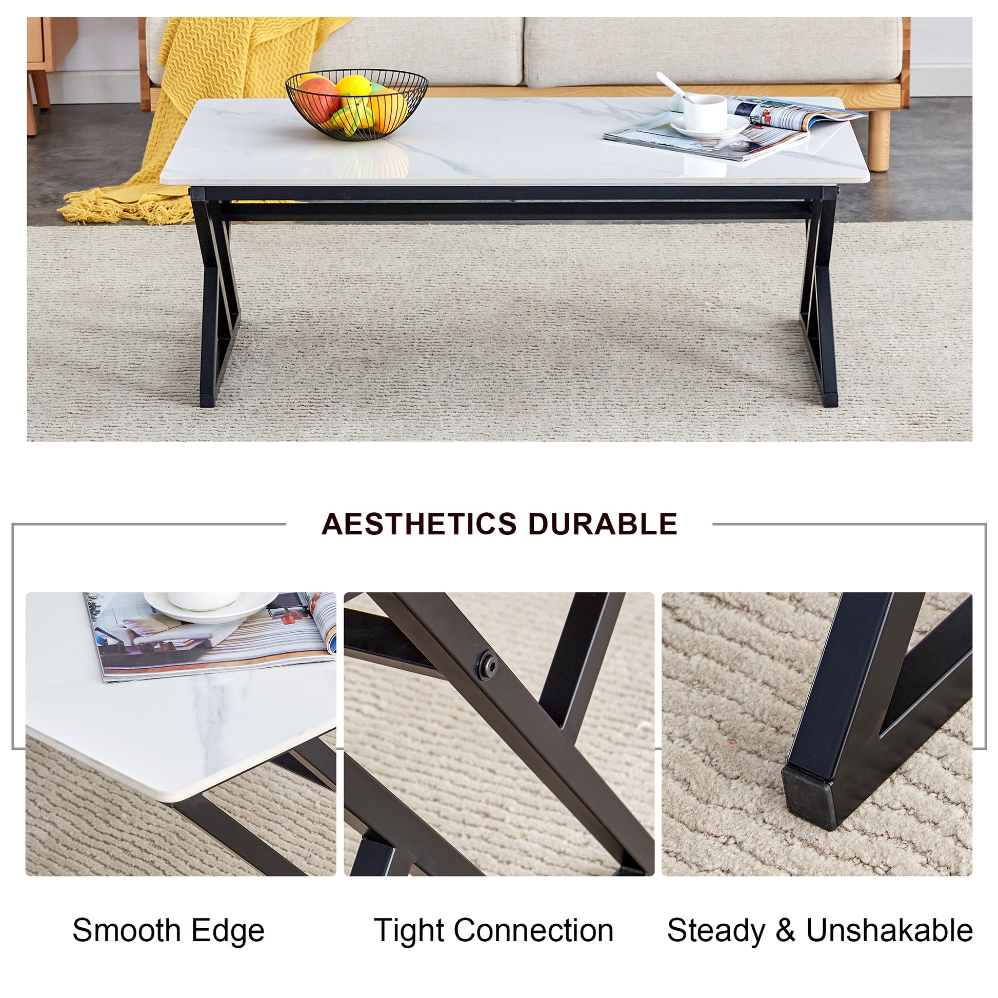 A Modern Minimalist Style White Marble Patterned Coffee Table With Black Metal Legs. Computer Desk. Game Table. Tea Table. Ct Xx White Black Sintered Stone