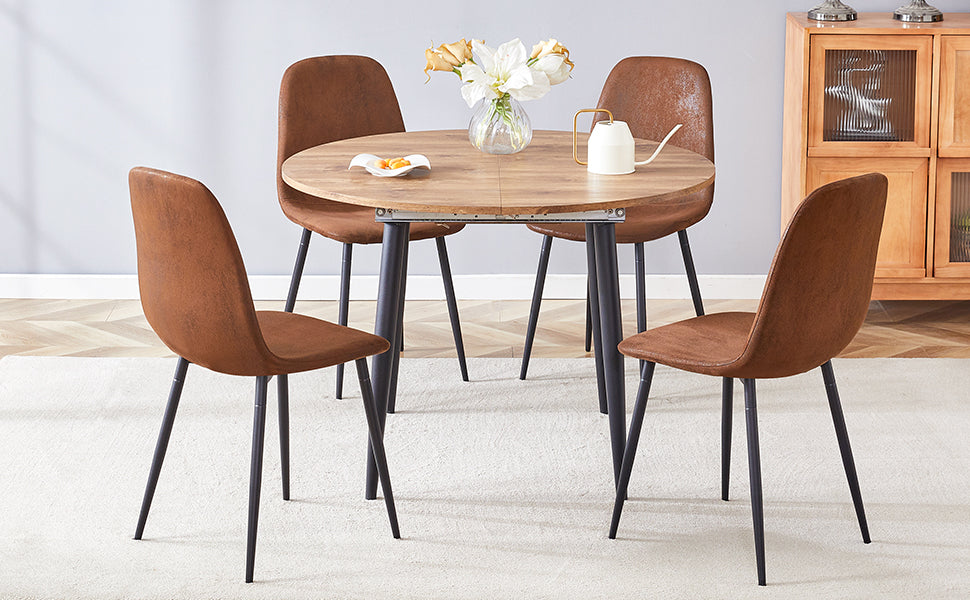 Table And Chair Set.Modern Extendable Mdf Dining Table.The Table Has A Telescopic Design, Suitable For Gatherings Of Different Size.Paired With 4 Chairs With Soft Suede Cushions And Black Metal