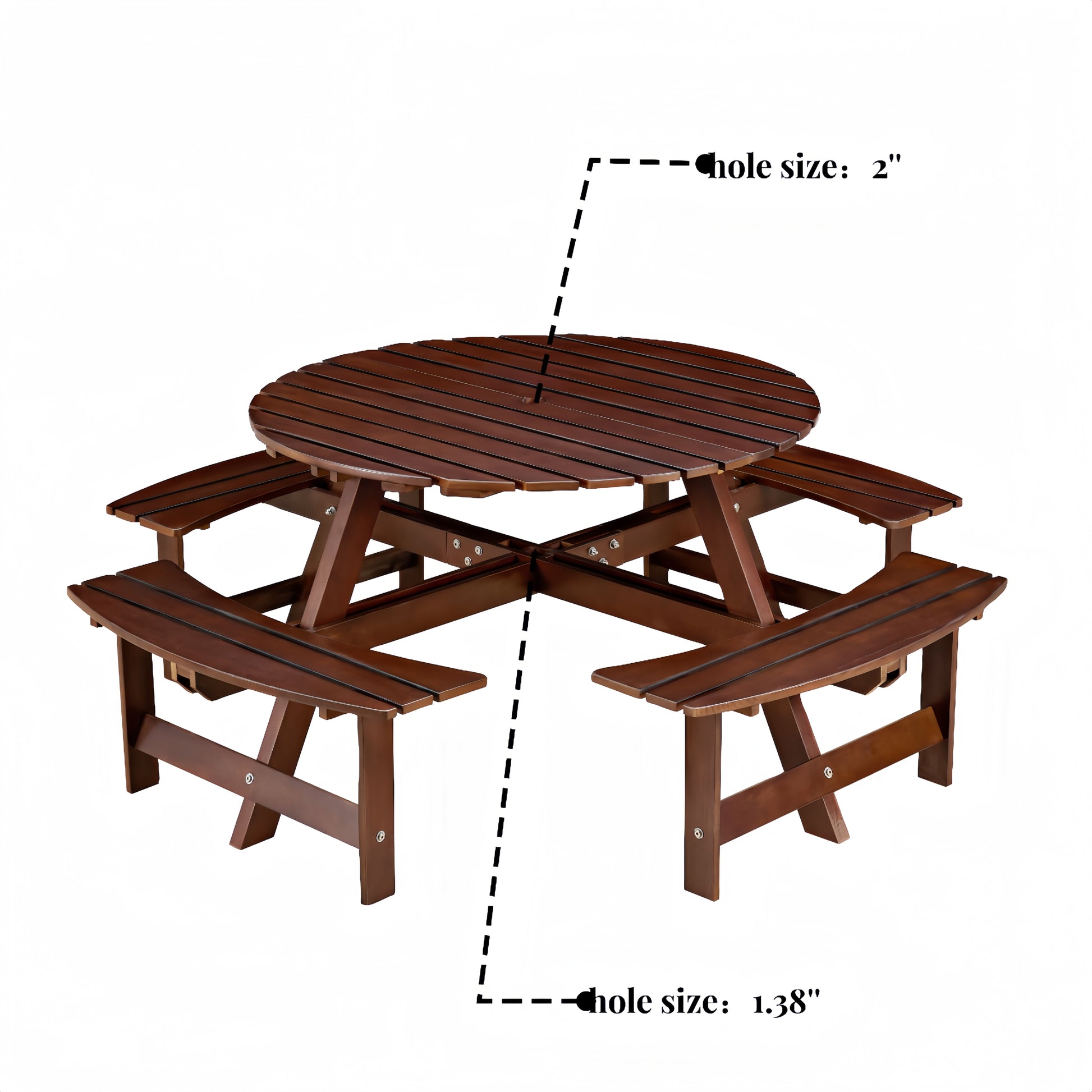 Outdoor 8 Person Picnic Table, 8 Person Round Picnic Table With 4 Built In Benches, Umbrella Hole, Outside Table And Bench Set For Garden, Backyard, Porch, Patio, Brown Brown Wood Metal