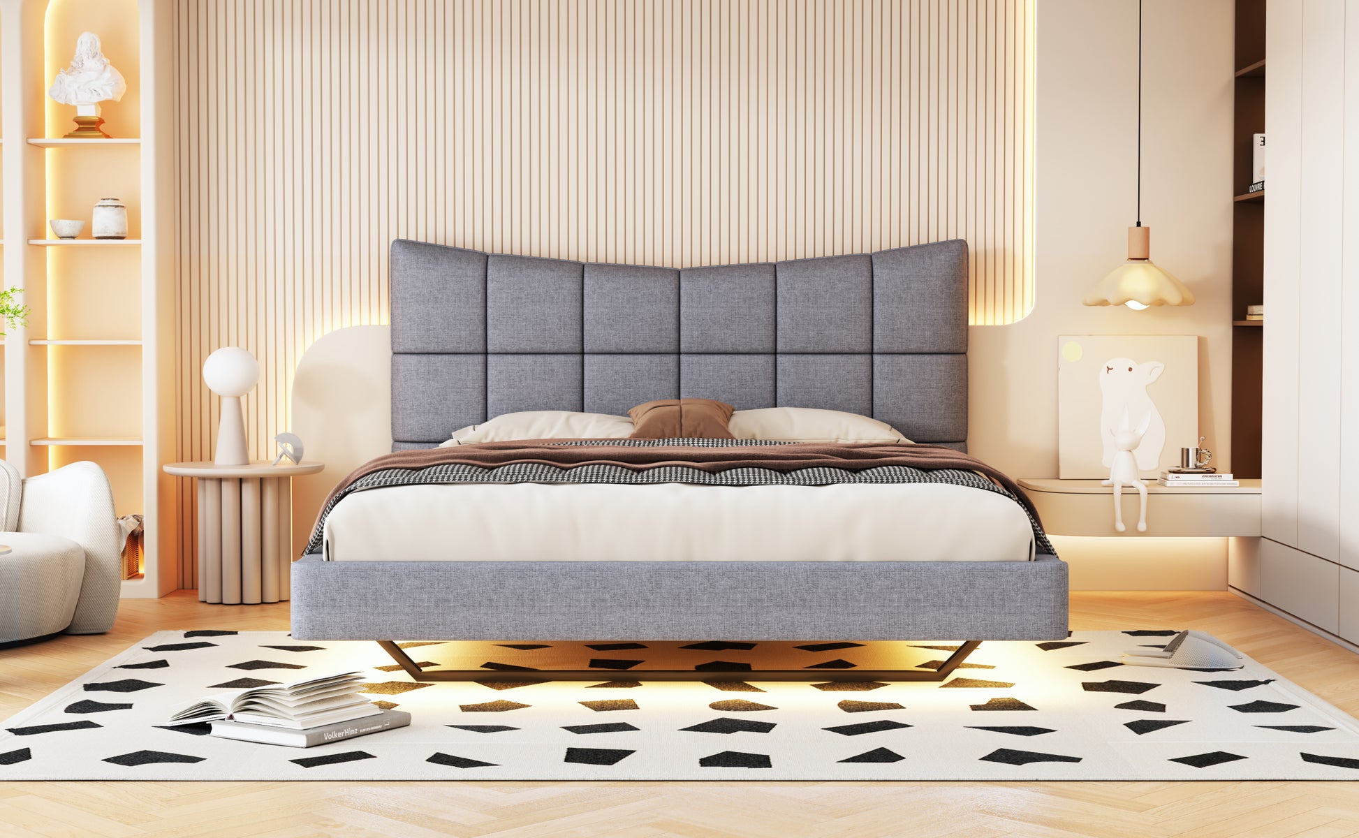 Full Size Upholstered Platform Bed With Led Lights,Usb Ports And Outlets,Linen Fabric,Gray Full Gray Wood Metal