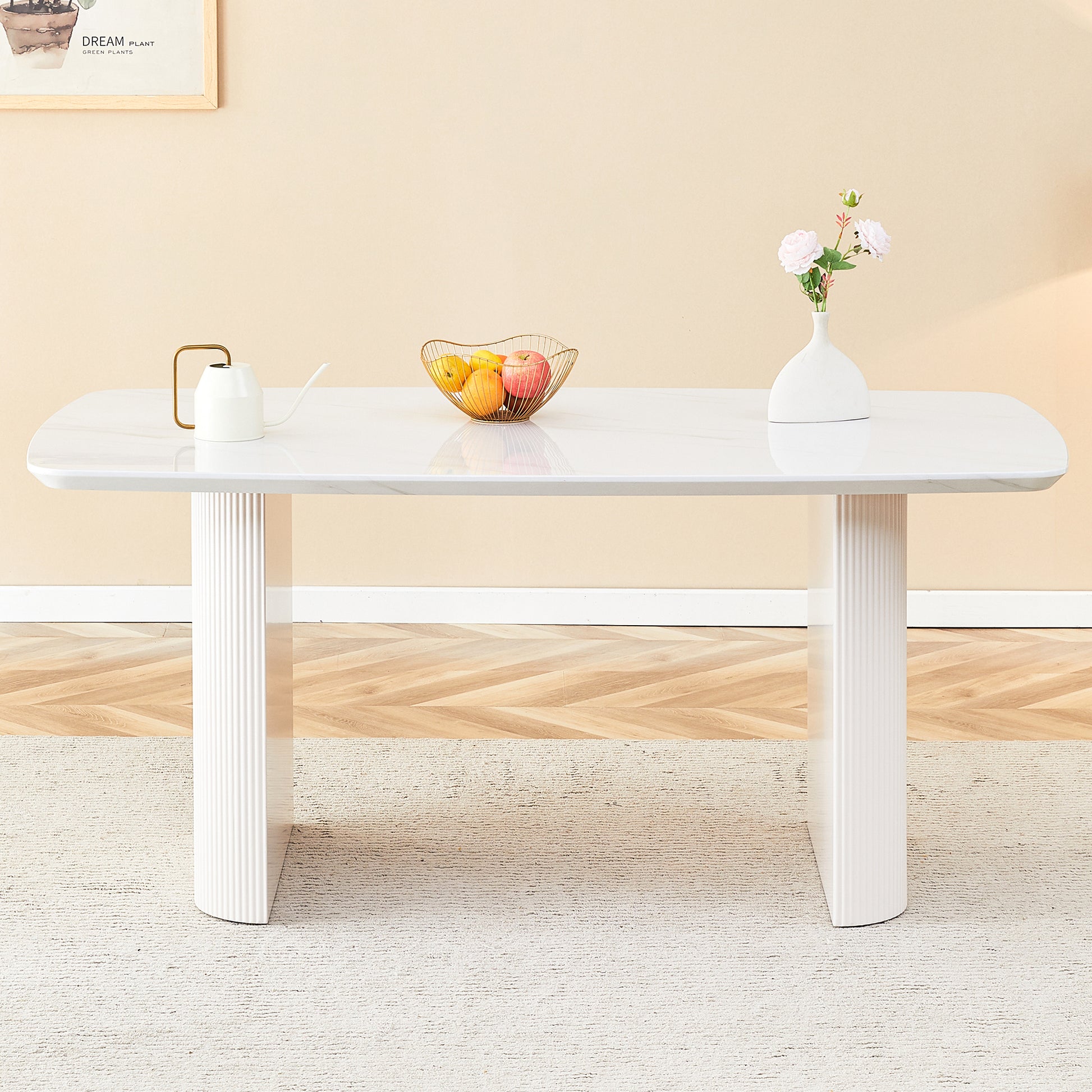 Cream Style Mdf White Dining Table.It Is A Furniture With A Warm And Soft Appearance, Suitable For Creating A Comfortable And Friendly Dining Environment, Suitable For Kitchens, Dining Rooms,Etc. White Mdf