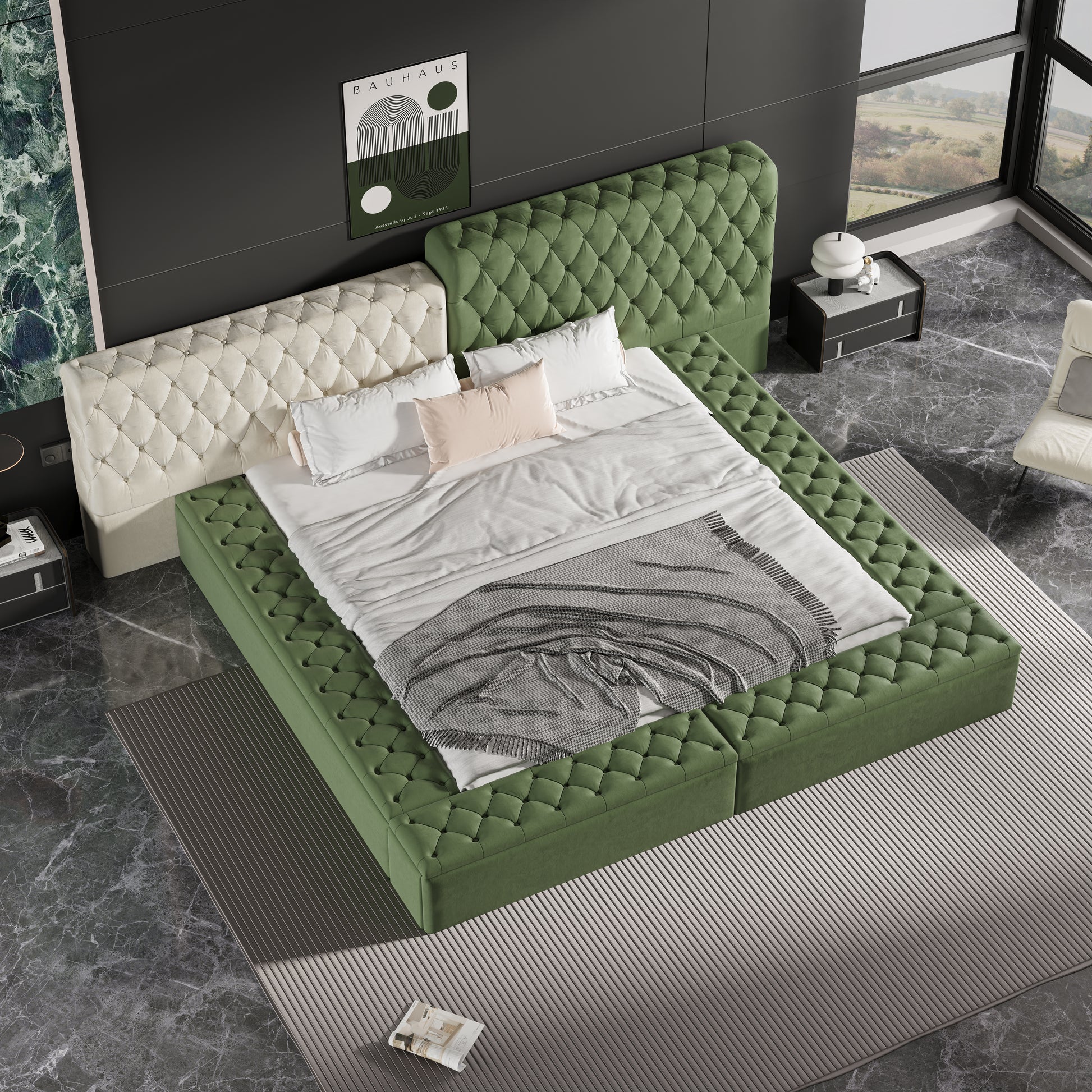 Contemporary Special Shaped Fully Upholstered Bed With Deep Button Tufting And Storage Compartments In Rails And Footboard,No Box Spring Needed,King,Green Box Spring Not Required King Green Solid Wood