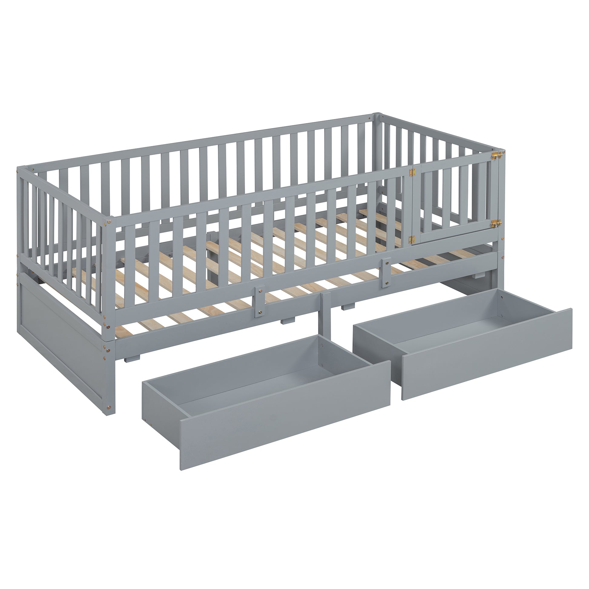 Twin Size Wood Daybed With Fence Guardrails And 2 Drawers, Split Into Independent Floor Bed & Daybed, Gray Old Sku :Lp000881Aae Twin Gray Solid Wood Mdf