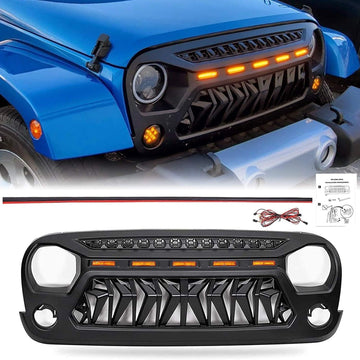 Front Matte Black Shark Grille Replacement Grill For Jeep Wrangler Jk 2007 2017 With Led Lights Black Abs