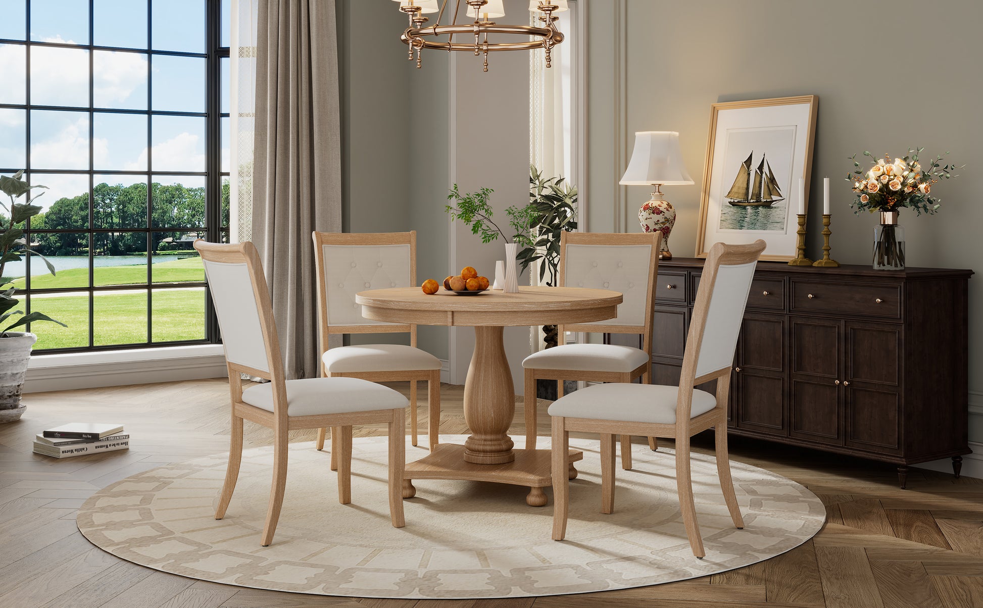 5 Piece Retro Dining Set, Round Table With Pedestal Table Base And 4 Upholstered Chairs For Dining Room And Kitchen Natural Wood Wash Natural Wood Wash Solid Wood Mdf