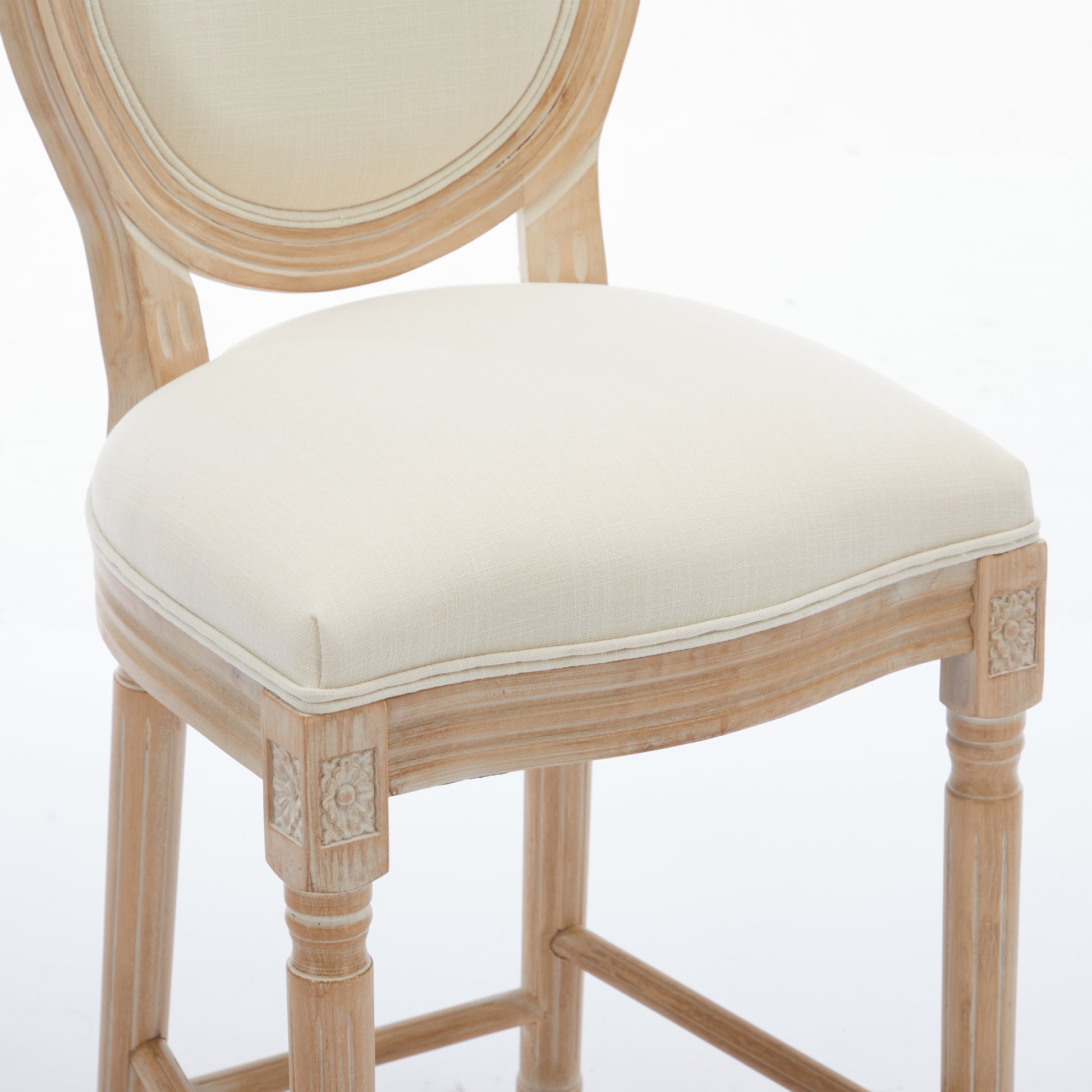 Solid Wood Bar Stools Set Of 2, Classic French Country Wooden Barstools With Upholstered Seating Beige Fabric Wood Fabric