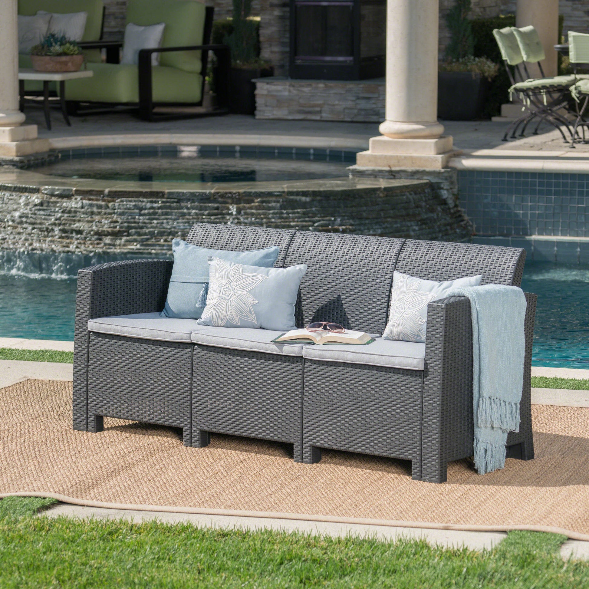 67.7" Outdoor 3 Seater Faux Wicker Rattan Style Sofa With Water Resistant Cushions, Charcoal Light Grey Grey Fabric