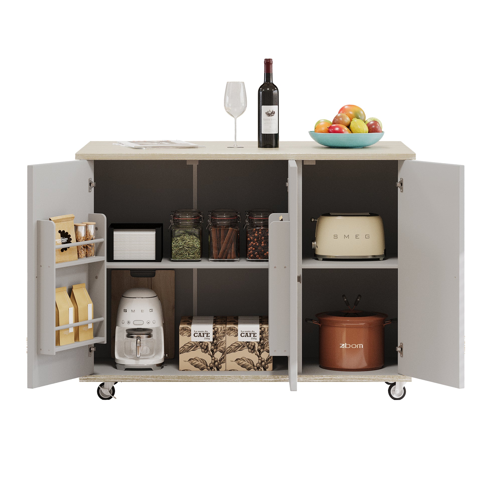 K&K 51.2"W Ash Veneer Not Cheap Paper Solid Wood Handwoven Kitchen Island With Drop Leaf, Coastal Kitchen Island On Wheels With Internal Storage Rack, Rolling Kitchen Cart, Champagne Champagne