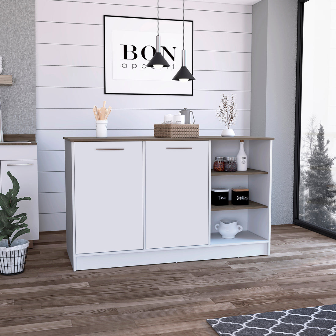 Kitchen Island Two Cabinets, Three Open Shelves, White Dark Brown Multicolor Solid Wood Mdf Engineered Wood