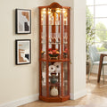 Glass Cabinet Lighted Corner Cabinet Corner Display Curio Cabinet, Glass Display With Light Included Bar Cabinet,Wine Cabinet With Adjustable Glass Shelves Carved Decoration Oak Light Included Oak