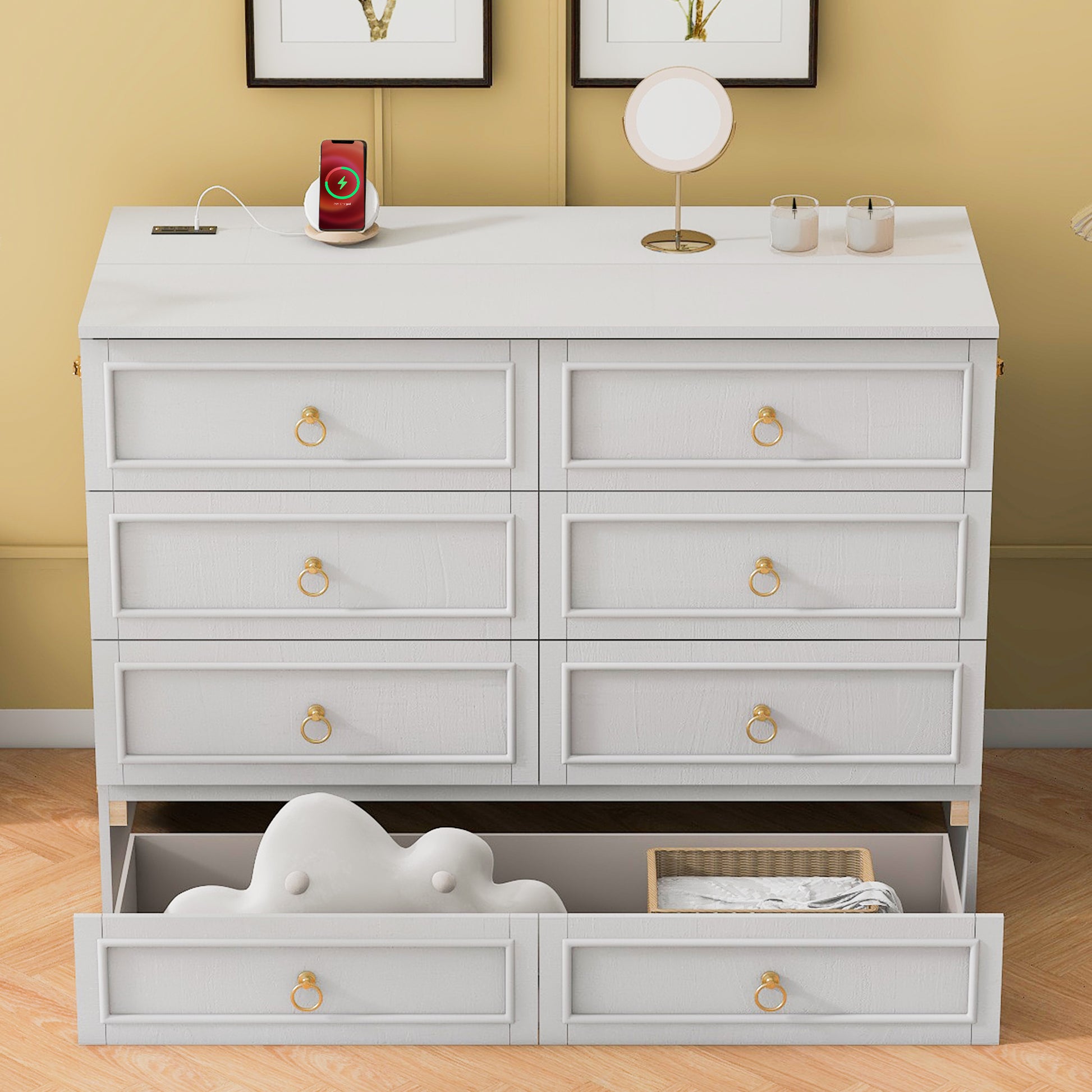 Full Size Murphy Bed With Large Drawers,White Full White Plywood