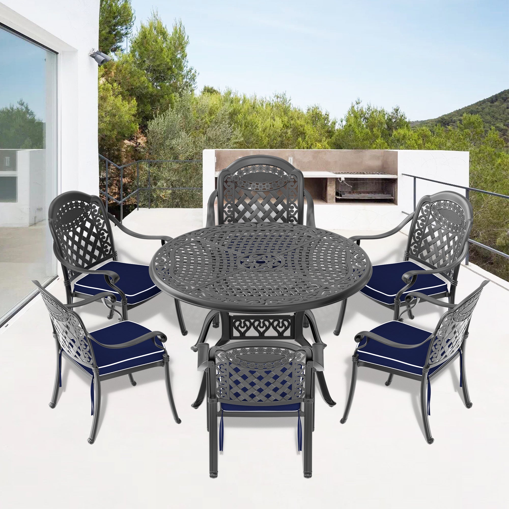 Cushions In Random Colors 7 Piece Set Of Cast Aluminum Patio Furniture With Cushions Yes Dining Set Black Seats 6 Rust Resistant Frame Water Resistant Cushion Garden & Outdoor Complete Patio Sets Aluminium