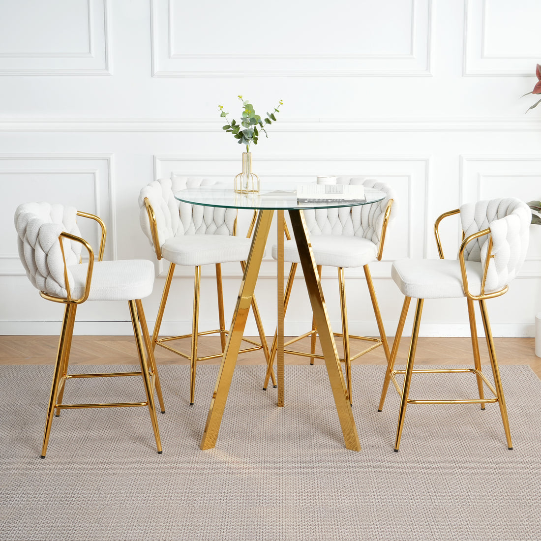 Stylish White Cotton And Linen Design, Gold Plated Metal Table Legs, Round Tempered Glass Countertop, Bar Chair Cover, Suitable For Bar, Restaurant, Bedroom Bar Chair, Set Of 5 Metal White Seats 4