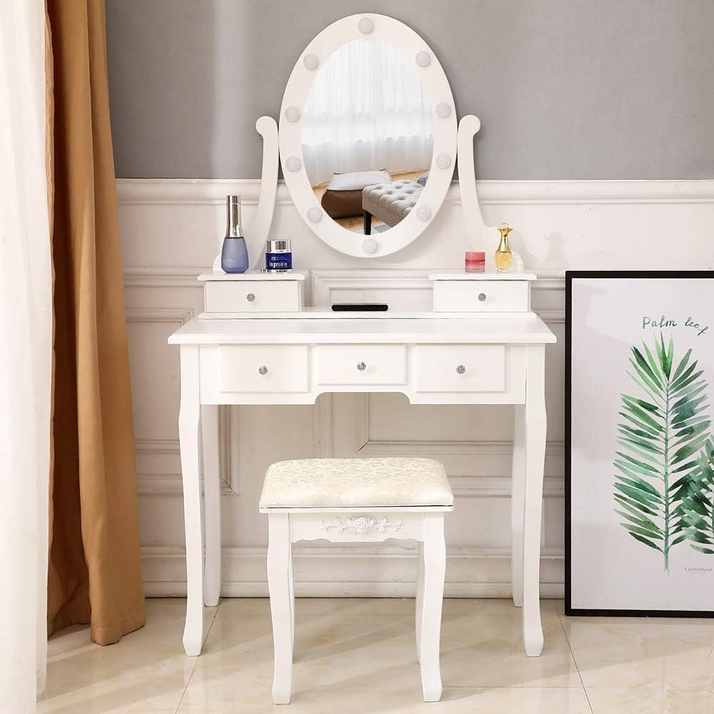 Vanity Desk And Stool Set, Vanity Mirror With Lights And Table Set, Small Vanity Table For Bedroom White Milk White Wood