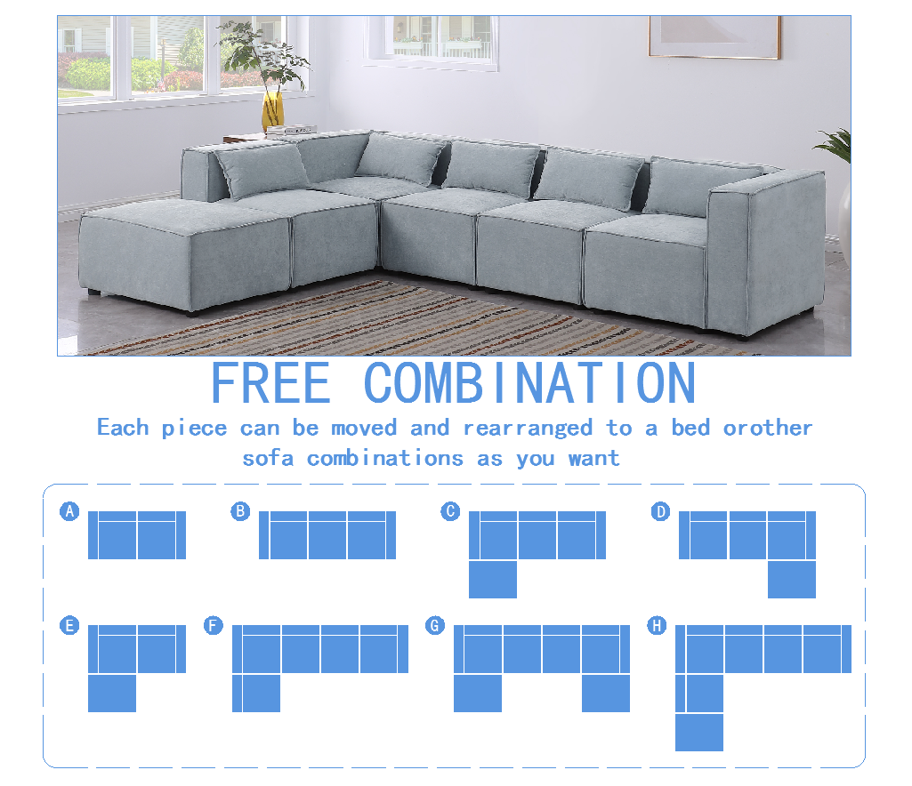 Modular Sofa Grayish Blue Chenille Fabric, Simple And Grand, The Seat And Back Is Very Soft. This Is Also A Knock Down Sofa Grayish Blue Chenille 6 Seat