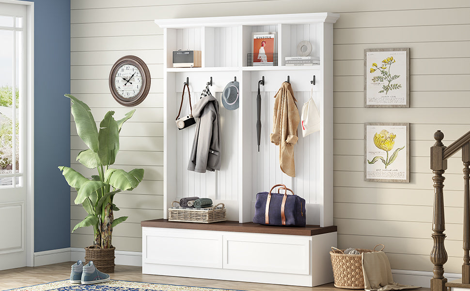 Farmhouse 4 In 1 Hall Tree With Wood Grain Bench, Mudroom Versatile Coat Rack With 2 Large Drawers, Large Entrance Organizer With 6 Black Hooks For Hallway, Living Room, White, 55.9"Wx75.6"H White