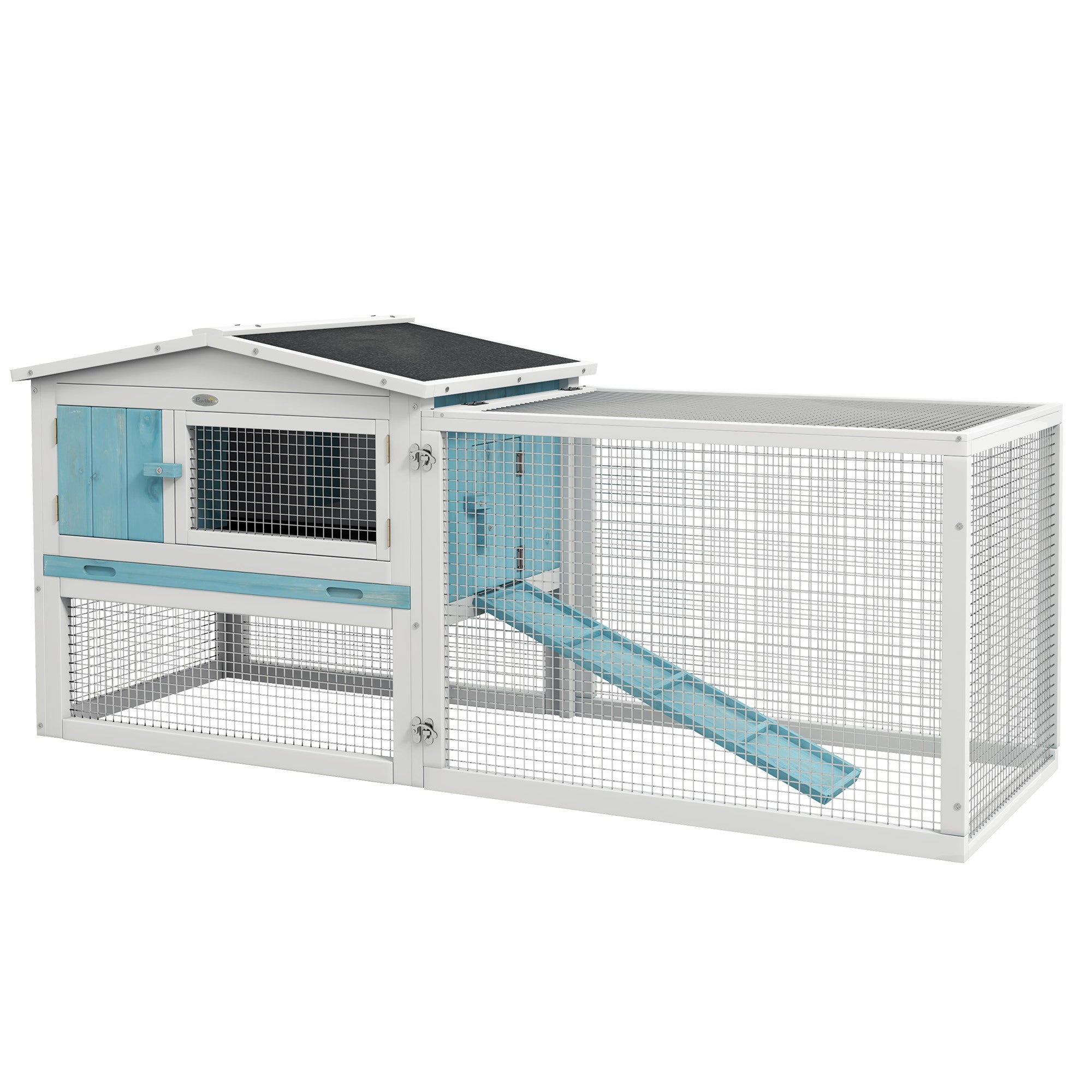 Pawhut Rabbit Hutch 2 Story Bunny Cage Small Animal House With Slide Out Tray, Detachable Run, For Indoor Outdoor, 61.5" X 23" X 27", Light Blue Blue Wood