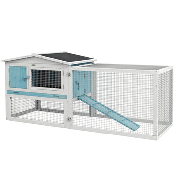 Pawhut Rabbit Hutch 2 Story Bunny Cage Small Animal House With Slide Out Tray, Detachable Run, For Indoor Outdoor, 61.5" X 23" X 27", Light Blue Blue Wood