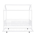 Full Size Metal House Bed With Fence, With Trundle, White Full White Metal