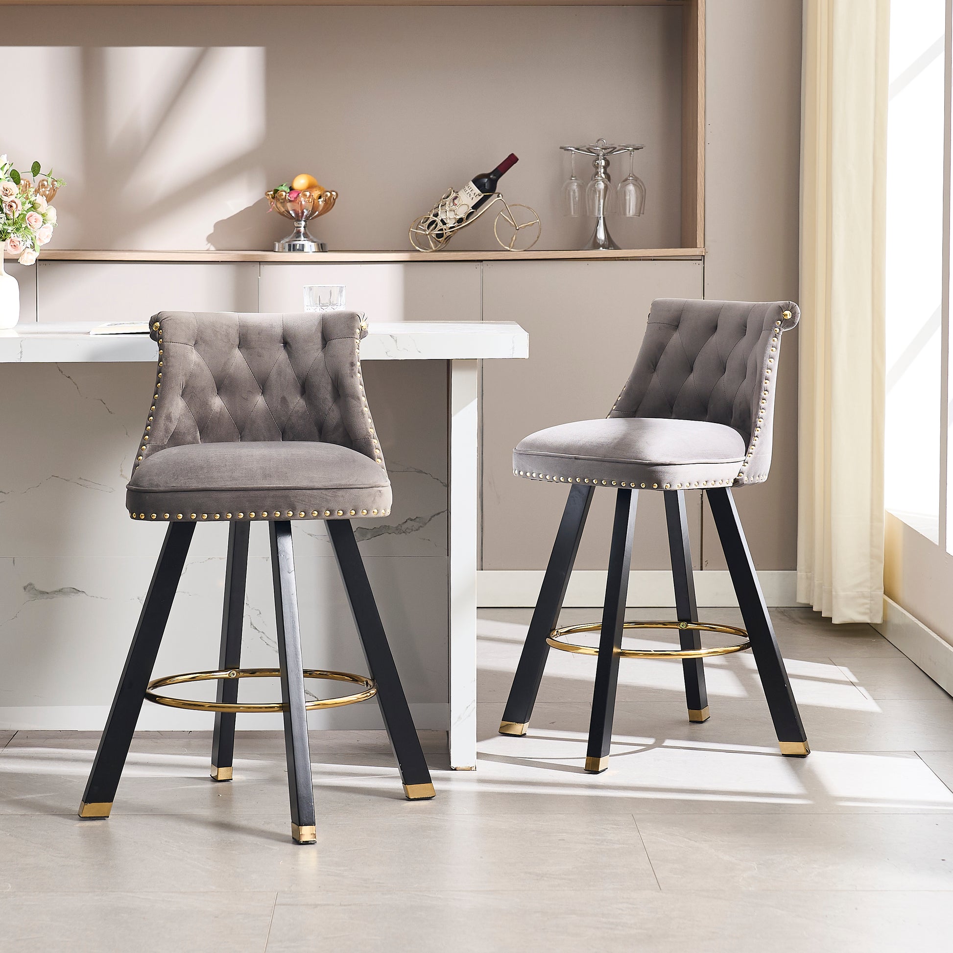 Coolmore Set Of 2,Back Pull Point Design, Velvet Material, 360 Degree Rotation, Back Pull Loop Detachable Design, Rivet Decoration, Square Foot Wooden Bar Chair Dark Gray Velvet