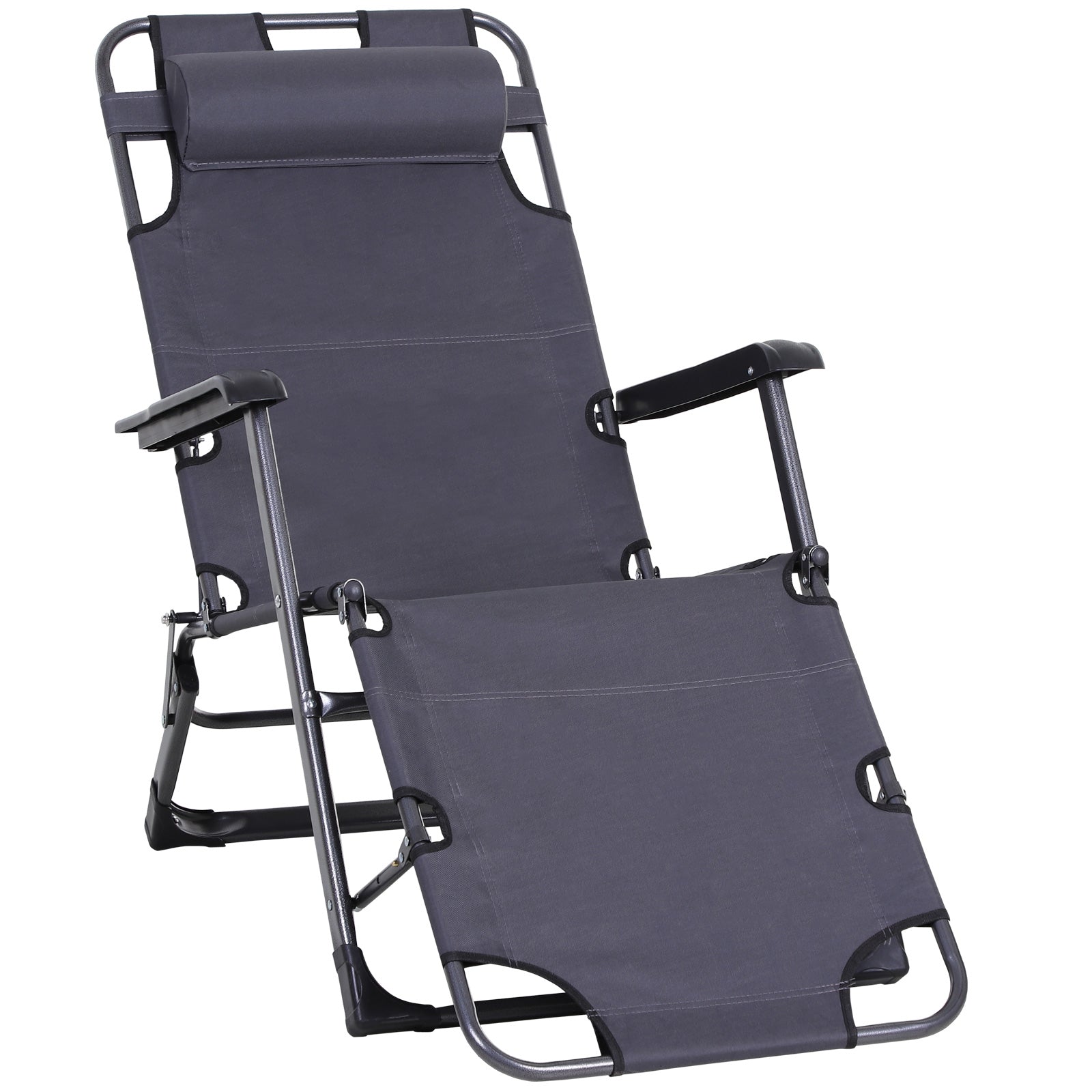 Outsunny Folding Chaise Lounge Chair For Outside, 2 In 1 Tanning Chair With Pillow & Pocket, Adjustable Pool Chair For Beach, Patio, Lawn, Deck, Gray Grey Metal