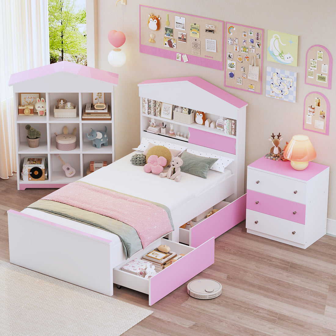 3 Pieces Bedroom Sets, Twin Size House Shaped Wooden Bed With Storage Drawers, Nightstand With Colorblock Design And House Shaped Stroage Rack, Pink White Twin White Pink 3 Piece Set Wood