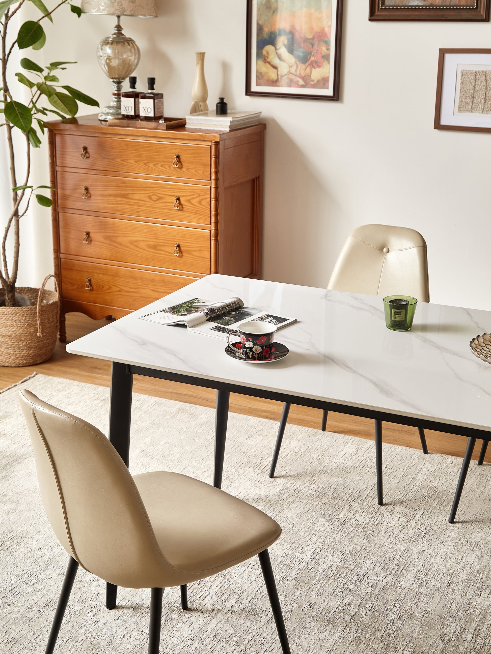 Dining Table Table 55" Rectangular White Kitchen Table With Porcelain Table Top And Metal Legs,Dining Room Table For 4,Mid Century Dinner Table For Living Room And Office,Table Only White Black European Ceramic Tile Iron