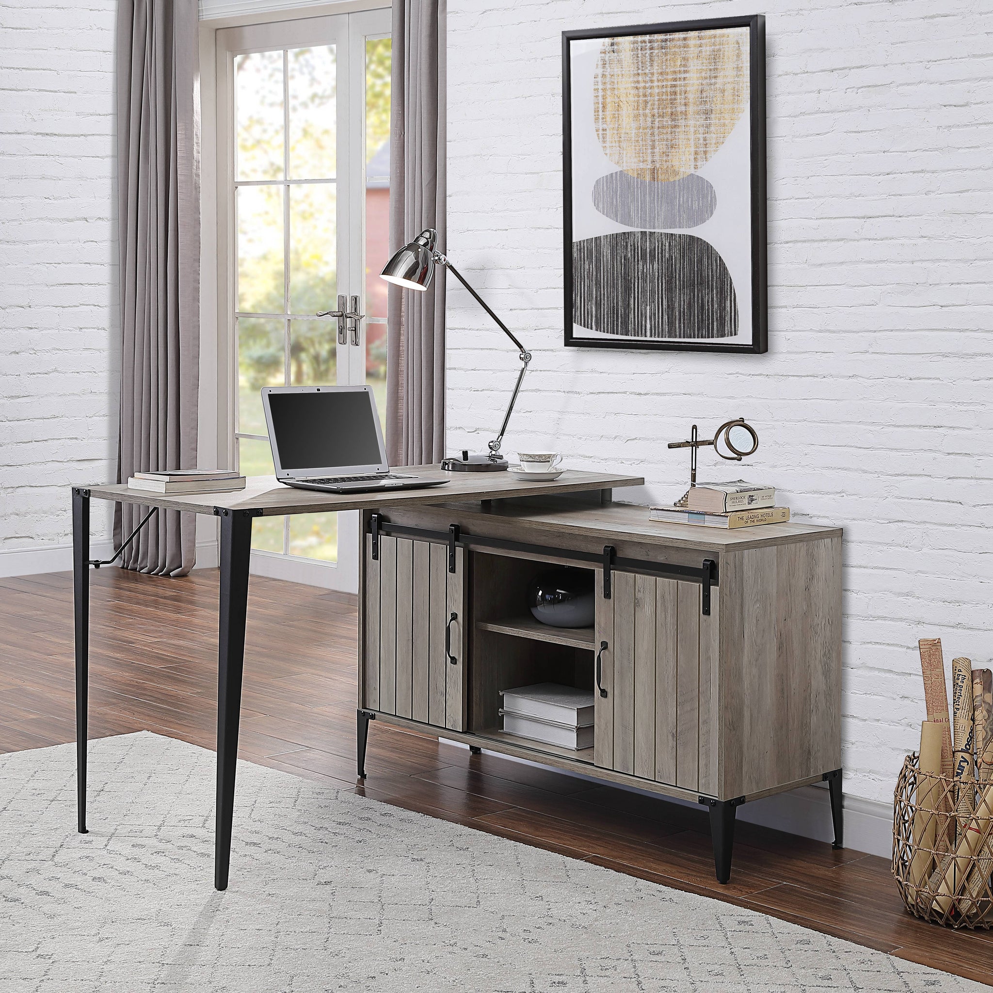 Zakwani 48" Gray Oak & Black Finish Writing Desk Gray Synthetic Wood