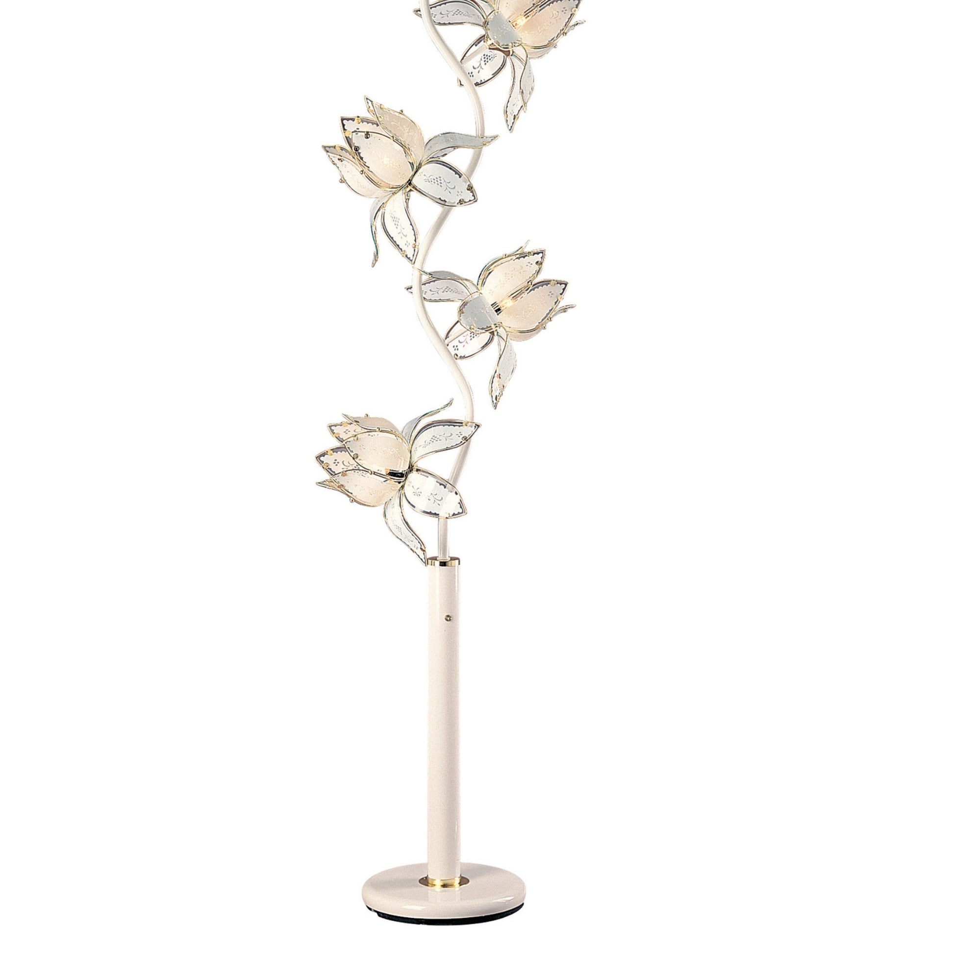 73" Tall Floor Lamp, 4 White And Gold Flower Shaped Lights With Crystal Accents White Metal