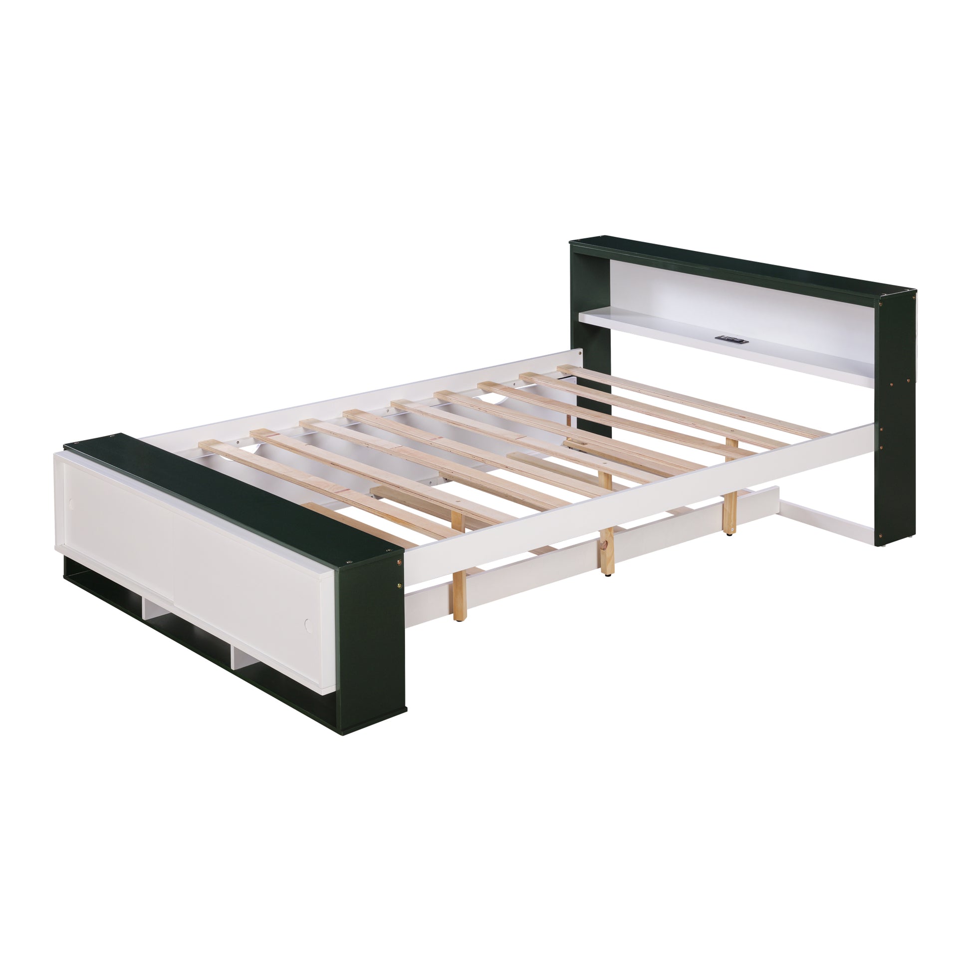 Full Size Platform Bed With Trundle,Storage Headboard And Footboard, Usb Charging Design,White Green Full White Green Solid Wood Mdf