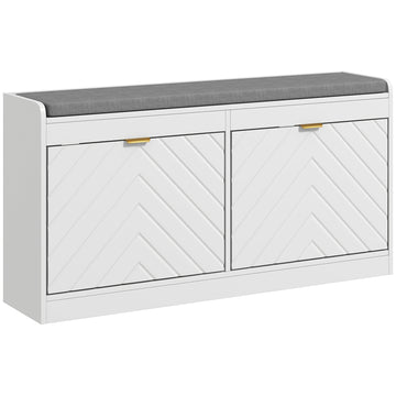 Homcom Shoe Bench, Entryway Bench With 2 Flip Drawers, Seating Cushion, And 2 Vents For 8 Pairs Of Shoes For Hallway, White White Mdf