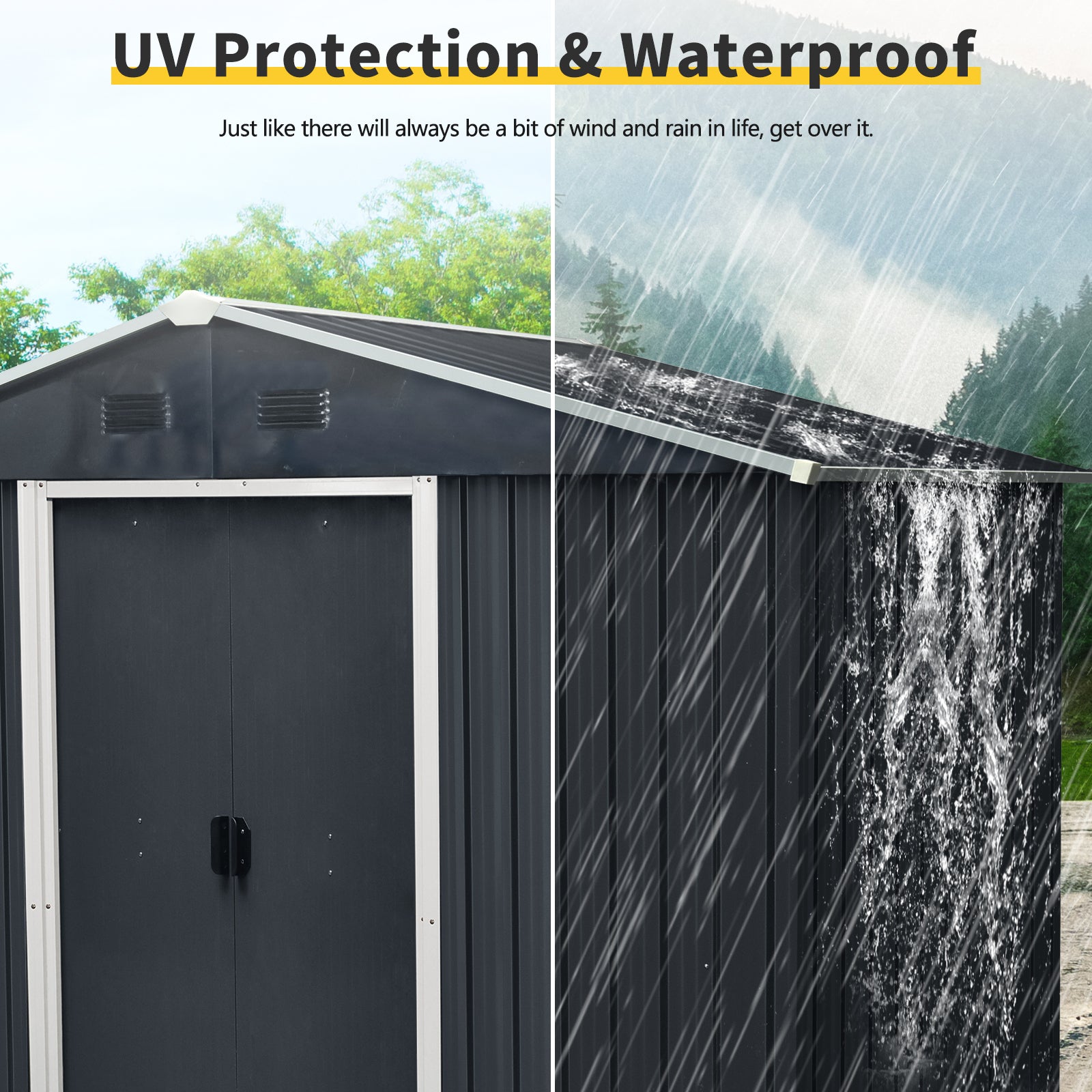 8Ft X 4Ft Outdoor Metal Storage Shed With Sliding Door And Foundation For Backyard, Patio, Lawn Black And White Black White Metal