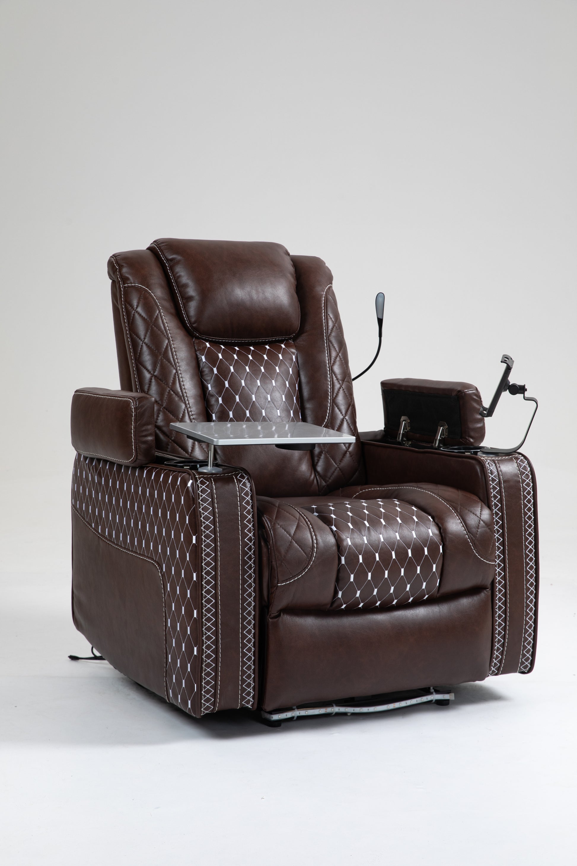 Power Zero Gravity Recliner With Multifunctional Features Storage Armrest & Cup Holder Laptop Table & Phone Holder Reading Light & Led Infinite Position Recline For Living Room & Office Brown Leather