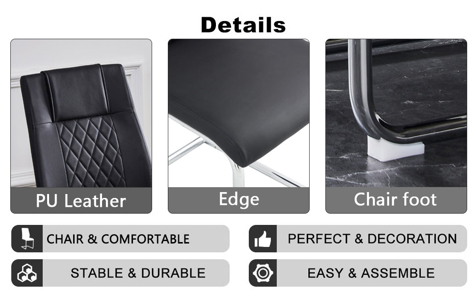 Table And Chair Set.Modern Rectangular Glass Dining Table With A Tempered Glass Tabletop And Silver Metal Legs, Paired With Multiple Chairs Designed With Pu Cushions And Silver Metal Legs. Black Silver Seats 6 Tempered Glass