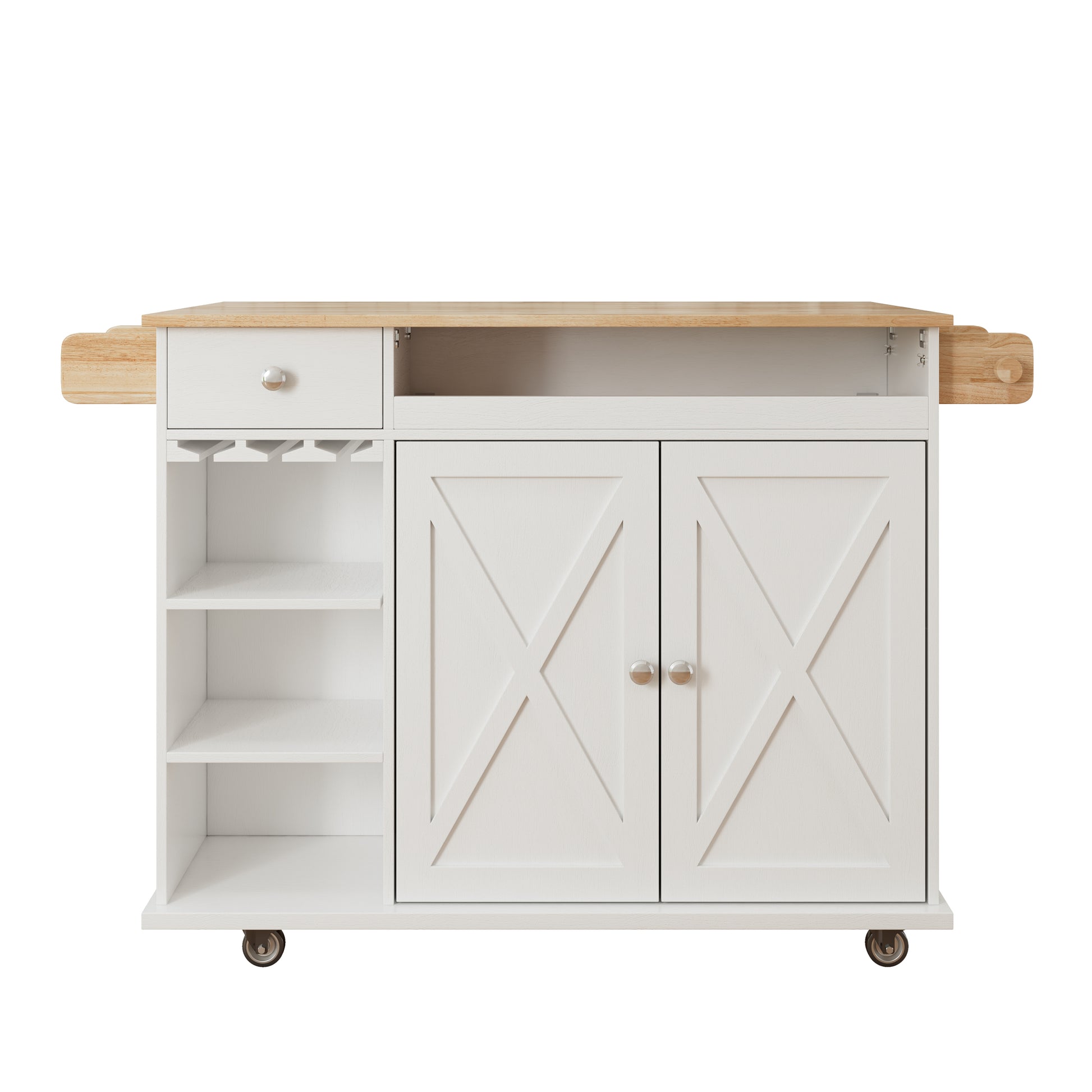 44 Inch Kitchen Island Cart With Solid Wood Top, Wine Storage, Spice Rack, Towel Rack, Wine Glass Holder, Rolling Kitchen Island Table On Wheels, Tool Free Installation, White & Oak White Solid Wood Mdf