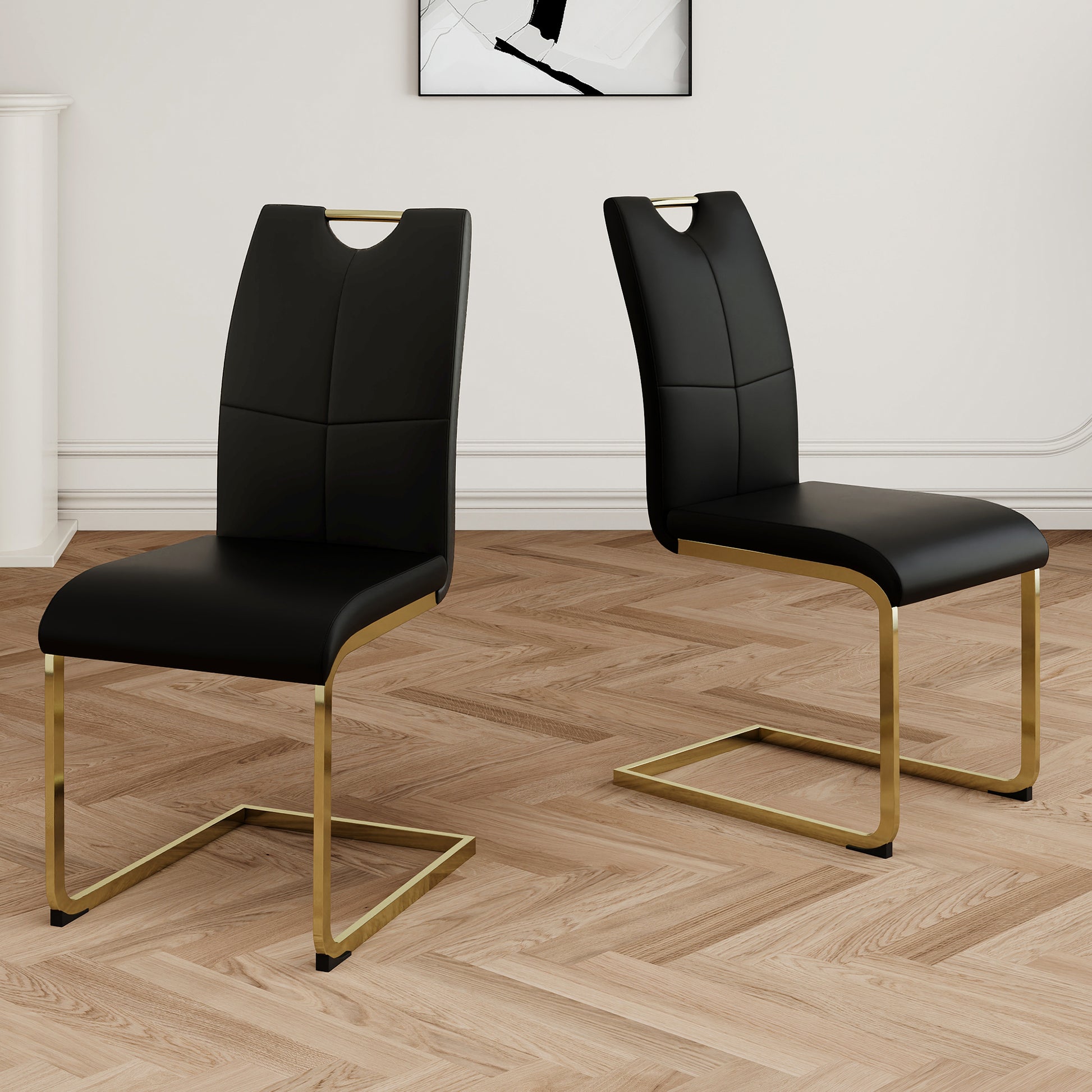 Modern Dining Chairs With Faux Leather Padded Seat Dining Living Room Chairs Upholstered Chair With Gold Metal Legs Design For Kitchen, Living, Bedroom, Dining Room Side Chairs Set Of 2 Black Gold Metal