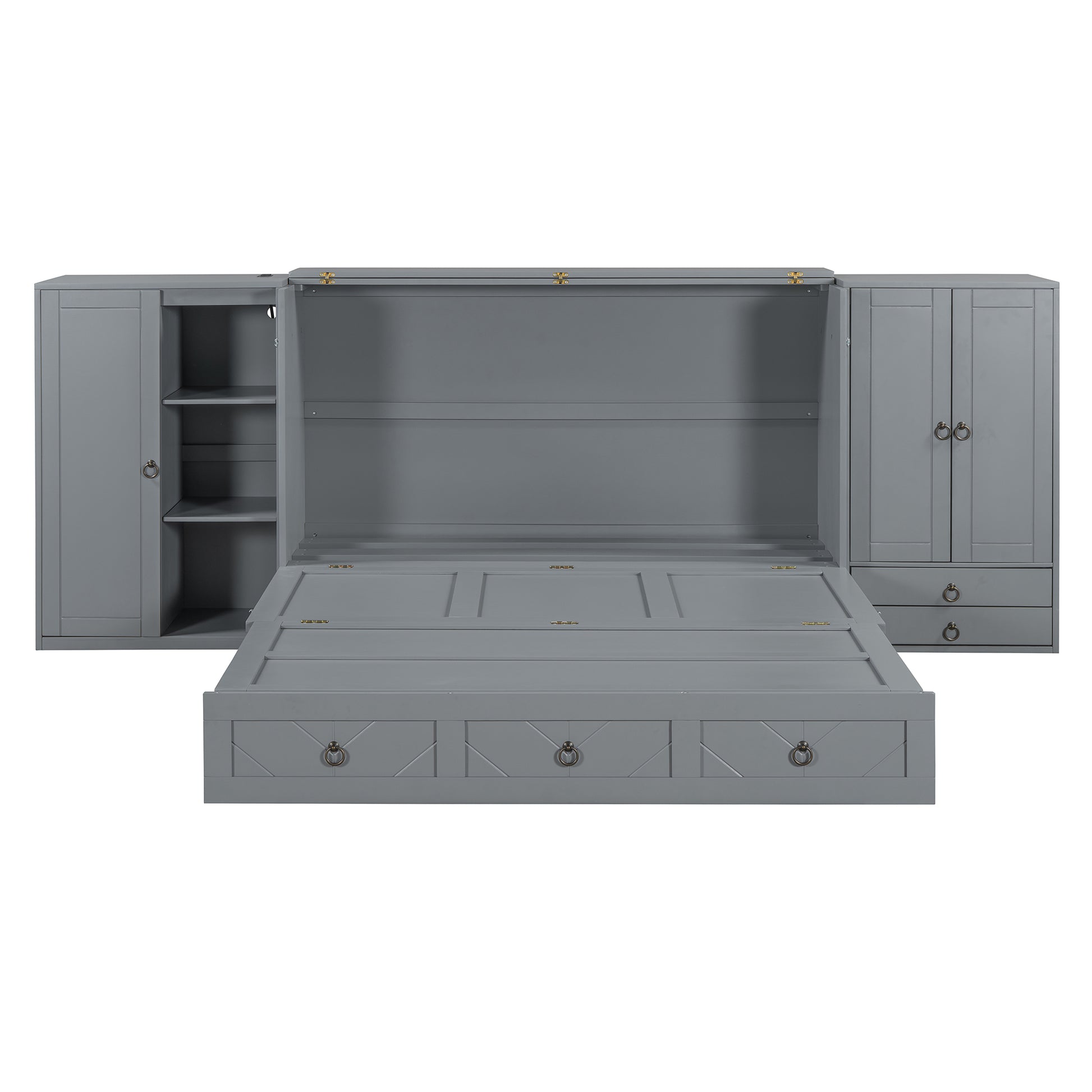 Queen Size Murphy Bed With Usb Port, Little Wardrobes And Drawers, Gray Queen Gray Particle Board Mdf