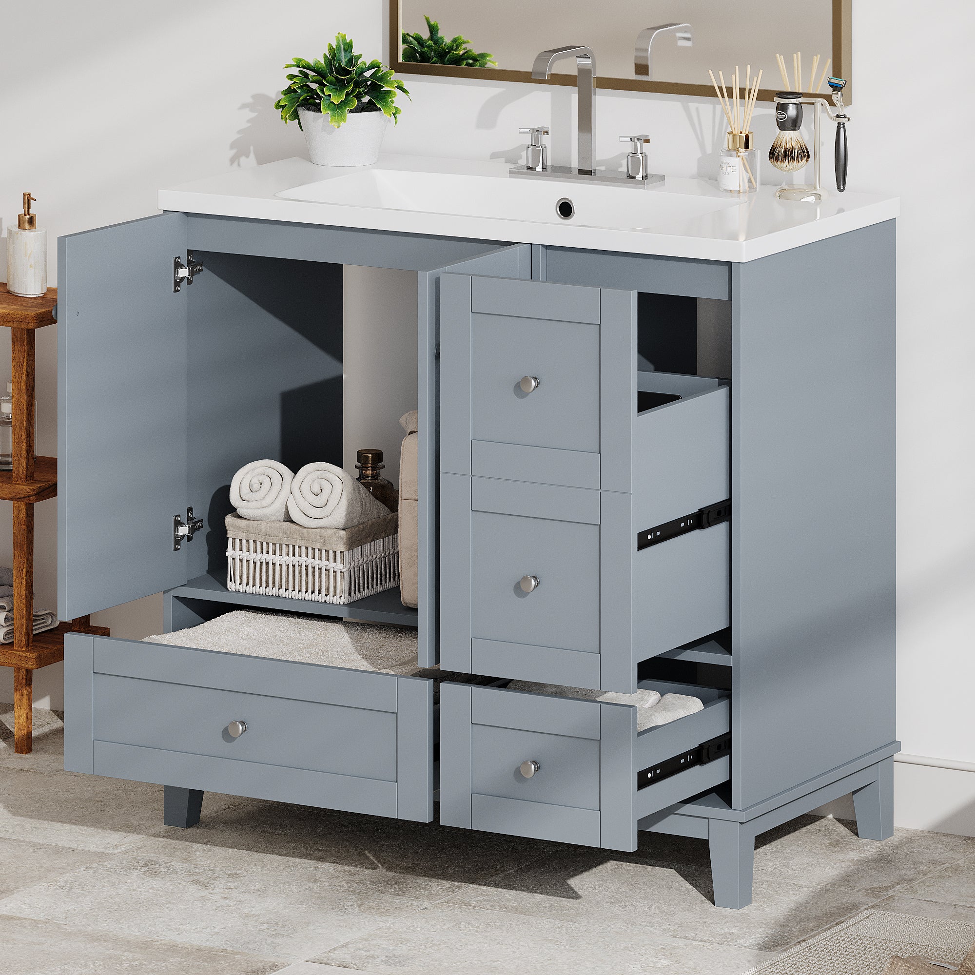 36 Inch Modern Bathroom Vanity With Usb Charging, Two Doors And Three Drawers Bathroom Storage Vanity Cabinet With Single Top, Small Bathroom Vanity Cabinet With Sinkwhite & Gray Blue Faucets Not Grey Solid Wood Mdf Resin