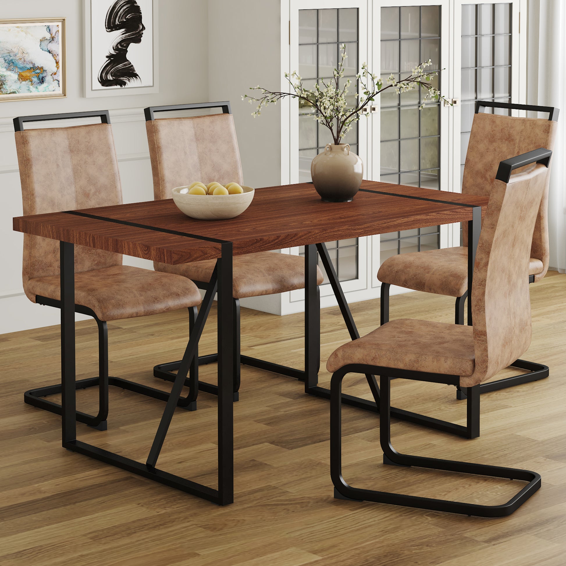 Table And Chair Set. A Minimalist Retro Rectangular Dining Table With A Specially Textured Top And Black Metal Legs, Paired With 4 Soft Chairs And Black Metal Legs, Showcases A Beautiful Home Style.