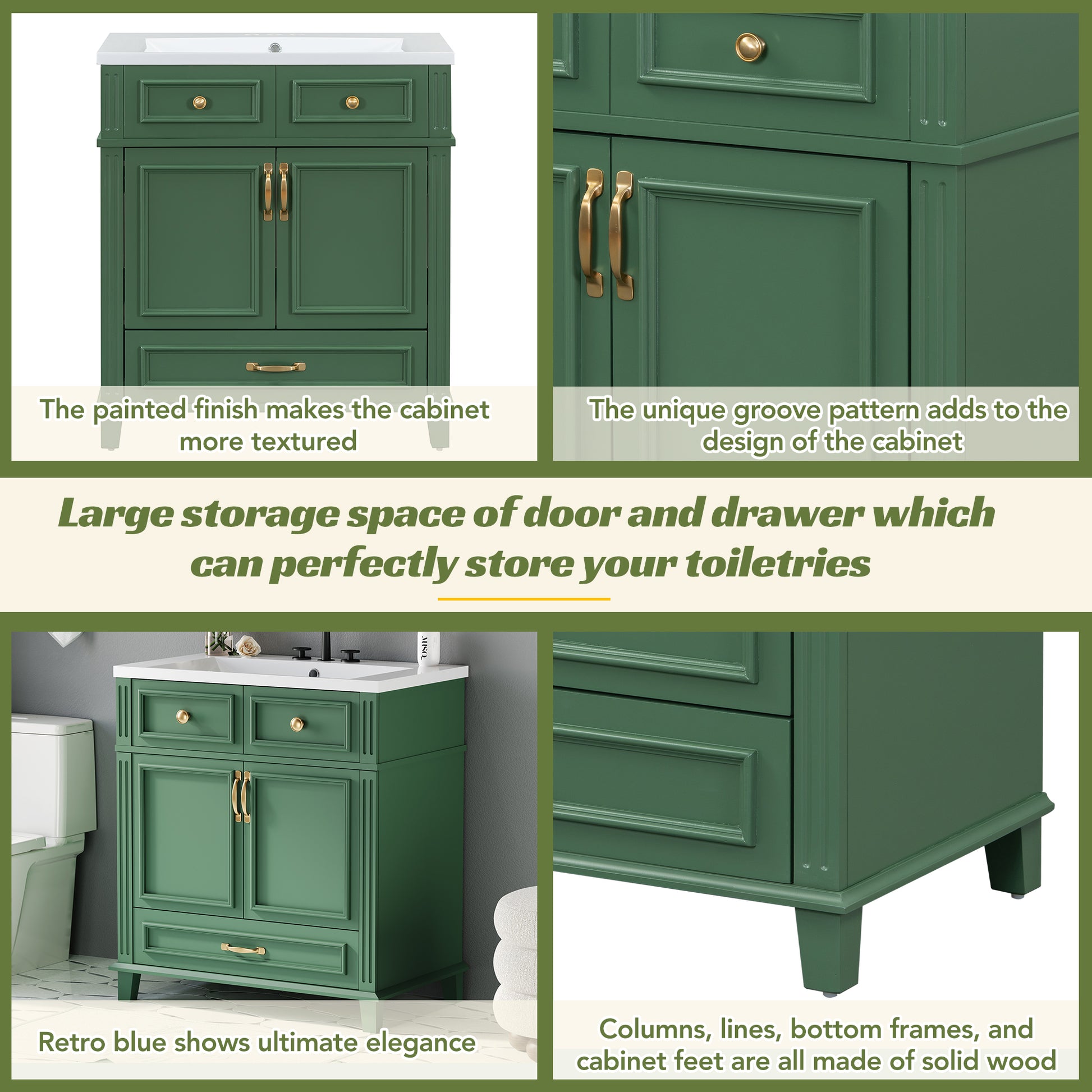30'' Bathroom Vanity With Resin Sink, Solid Wood Frame Bathroom Storage Cabinet With Soft Closing Doors, Retro Style, Green Same As Sw000118Aaf Green Bathroom Modern Solid Wood Mdf Resin