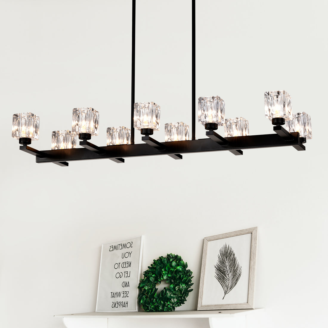 Chandelier For Dining Room, 10 Light Black Farmhouse Linear Pendant Light Fixture, Modern Crystal Hanging Lighting Chandelier For Kitchen Island, Bar, Long Table, G9 Bulb 10*G9*Max 40W Matte Black