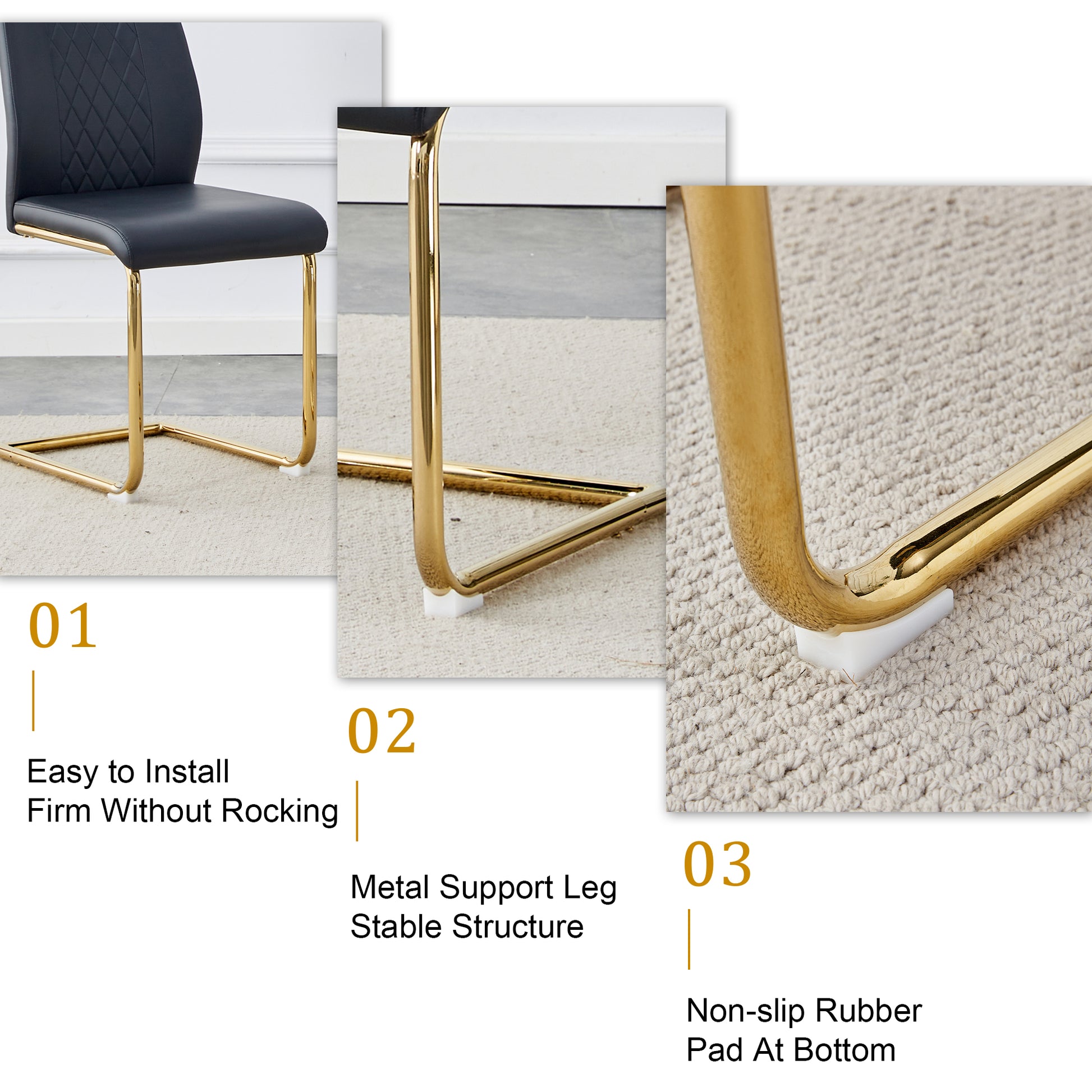 Table And Chair Set.Modern Rectangular Dining Table With Transparent Tempered Glass Tabletop And Gold Plated Metal Legs.Paried With 8 Comfortable Chairs With Pu Seats And Golden Metal Legs. Black Gold,Transparent Seats 8 Glass Metal