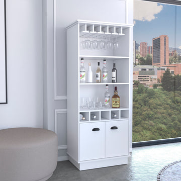 Dundee 70 Inch High 10 Glass Bar Cabinet With 5 Cubbies And 3 Open Shelves And Cabinet White Primary Living Space Modern Shelves Included Particle Board