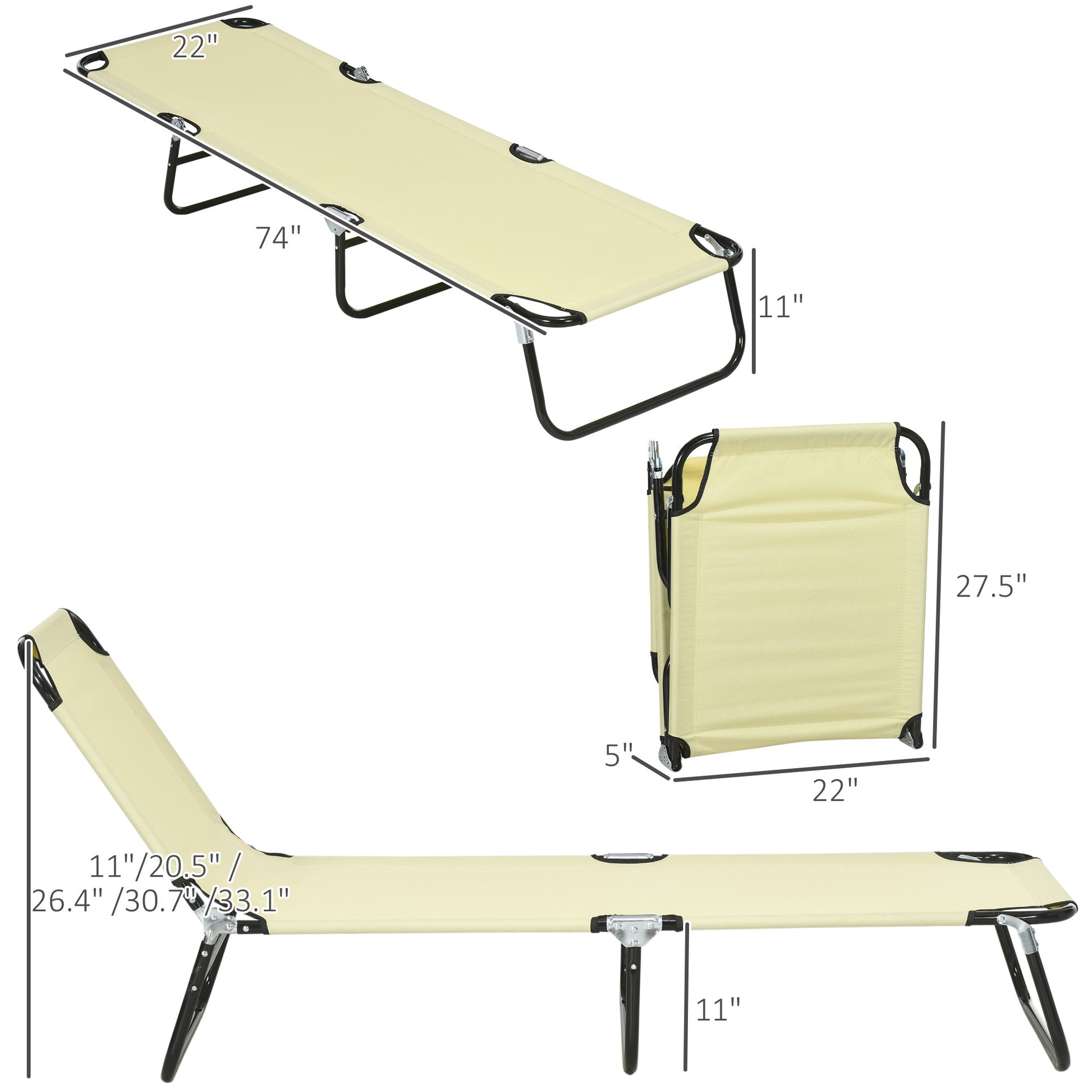 Outsunny 2 Piece Folding Chaise Lounge Pool Chairs, Outdoor Sun Tanning Chairs With 5 Level Reclining Back, Steel Frame For Beach, Yard, Patio, Beige Beige Steel