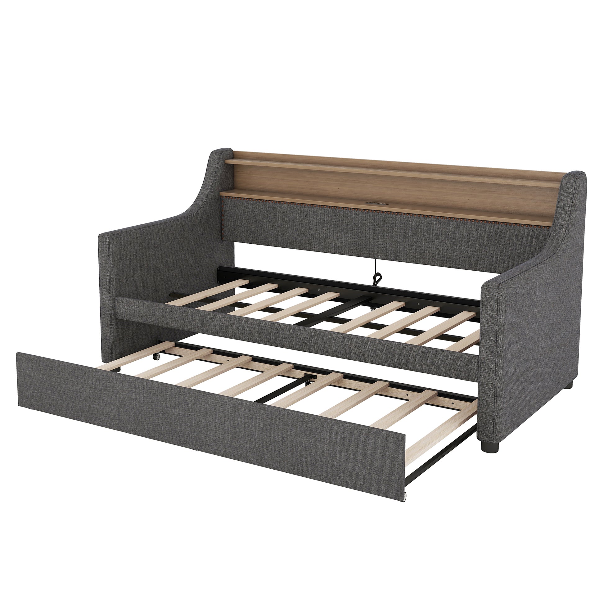 Twin Size Daybed With Trundle Bed, Upholstered Daybed With Charging Station And Led Lights, Gray Twin Gray Linen
