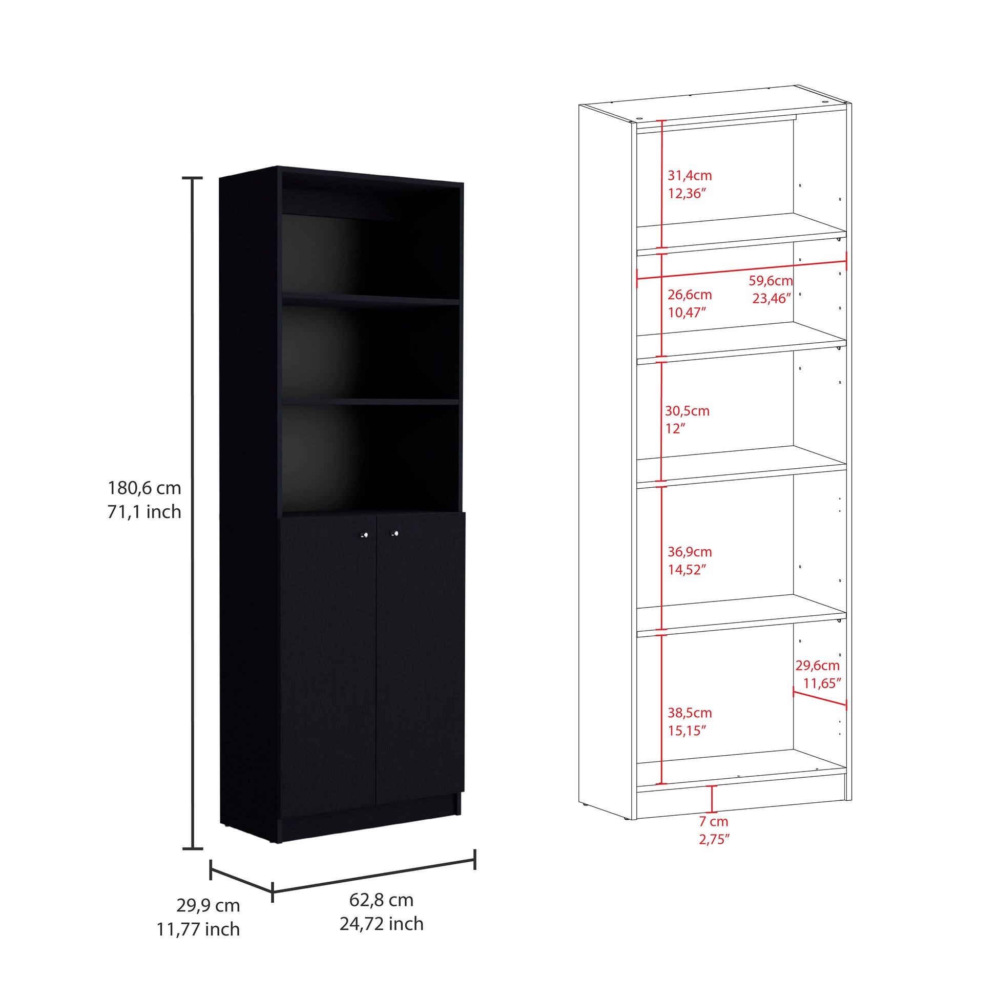 Arbor 3 Piece Home Bookcase Set, 74" Wide With 11 Shelves And Two Double Door Cabinetliving Room Set Set Black Black Office Modern Particle Board