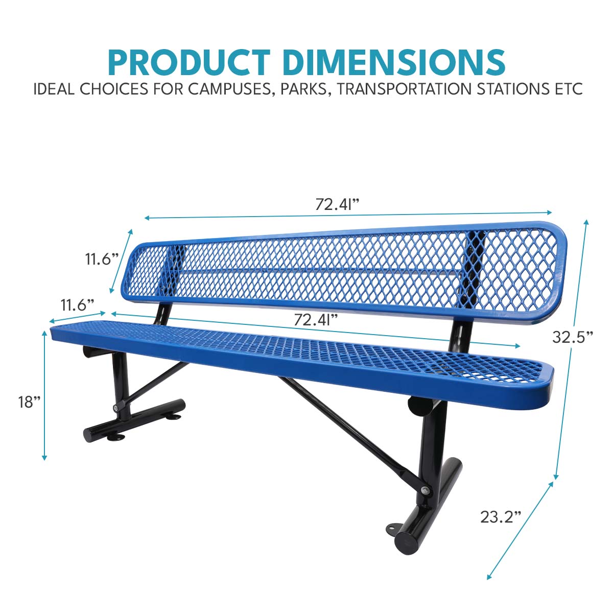 6 Ft. Outdoor Steel Bench With Backrest In Blue Blue Carbon Steel