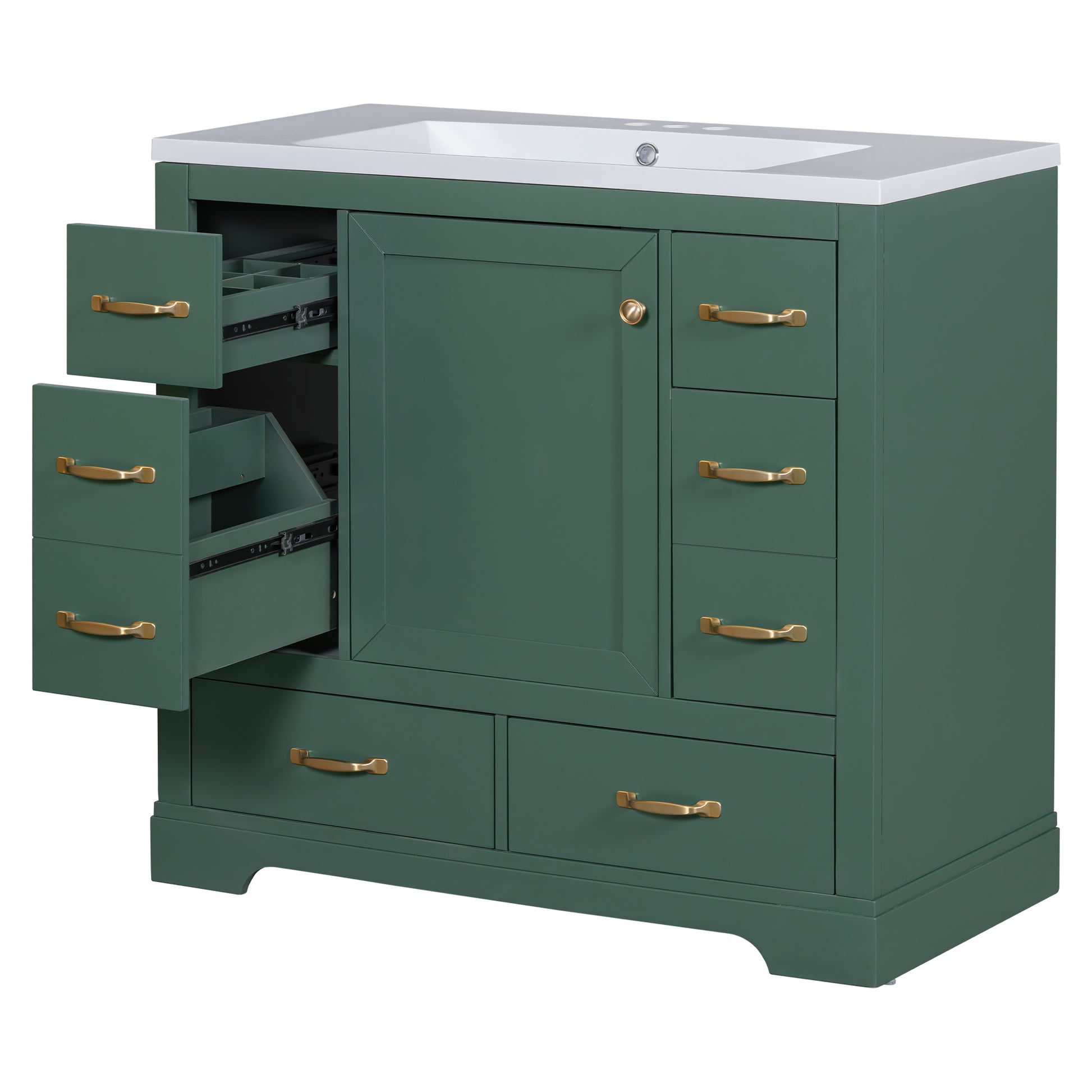 36" Bathroom Vanity With Sink Combo, Six Drawers, Multi Functional Drawer Divider, Adjustable Shelf, Green Green Solid Wood Mdf