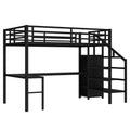 Full Size Loft Bed With L Shaped Desk And Usb, Metal Loft Bed With Wardrobe And Adjustable Shelf, High Loft Bed With Led For Kids Teens Adults, Black Full Black Metal
