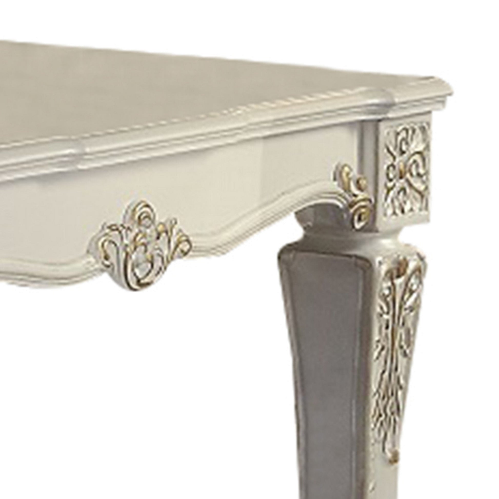 Jess 54 Inch Counter Table, 4 Seater, Classic White, Ornate Scroll Carvings White Gold Wood